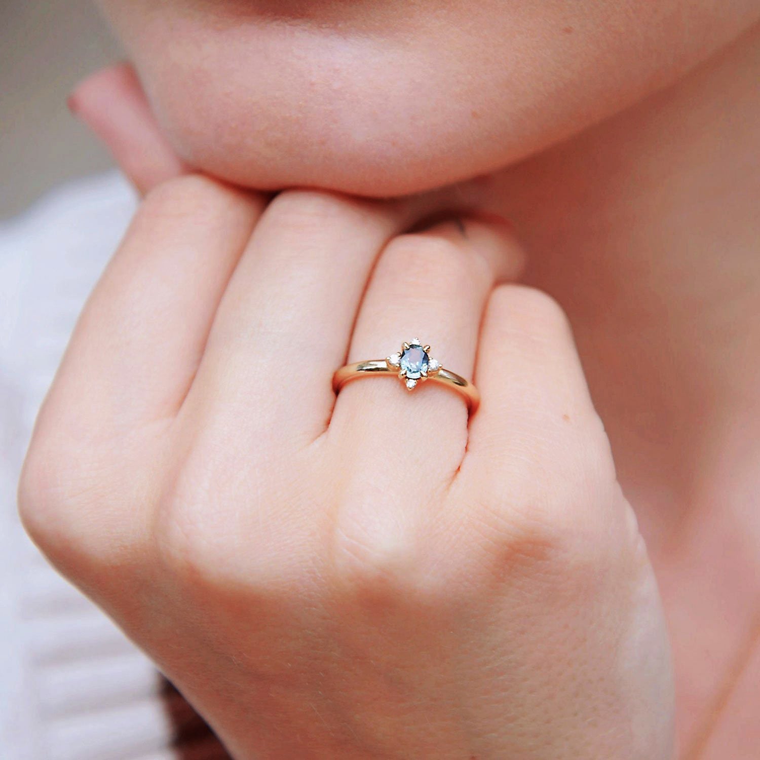 Romantic Heart Sapphire Halo Ring, Greenish Blue Sapphire