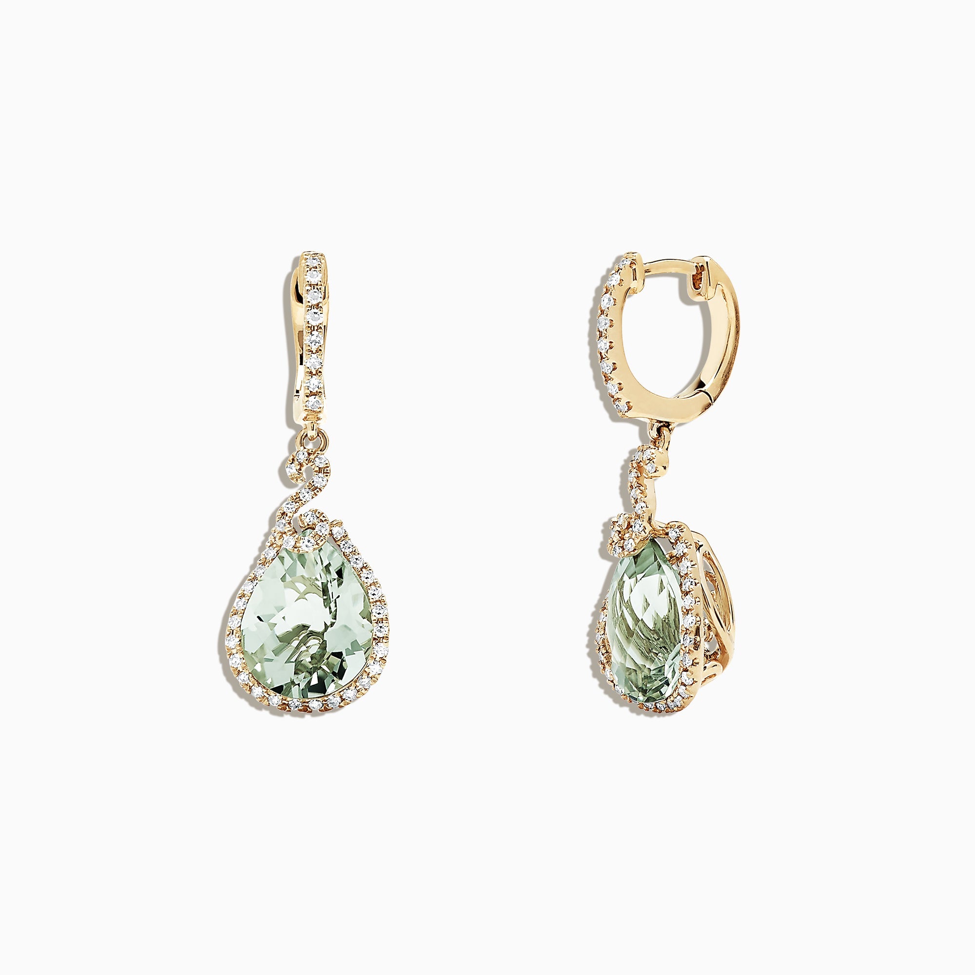 14K Yellow Gold Green Amethyst and Diamond Drop Earrings, 7.03 TCW