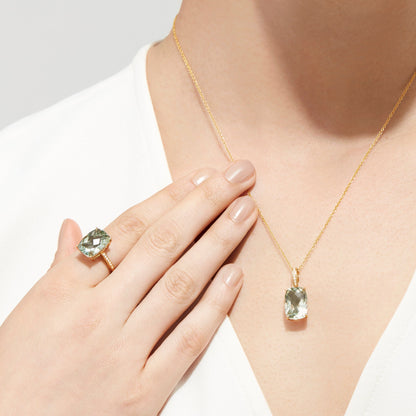 14K Yellow Gold Green Amethyst and Diamond Cocktail Ring