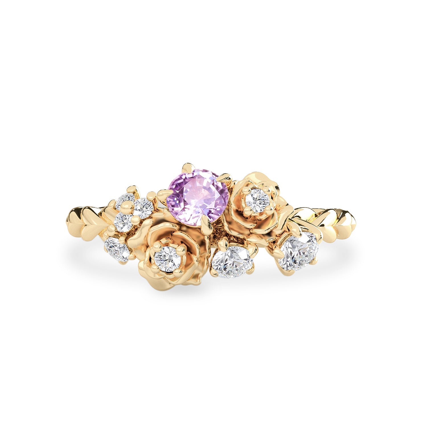 Small Rose Blossom Engagement Ring, Pink Sapphire & Natural Diamond