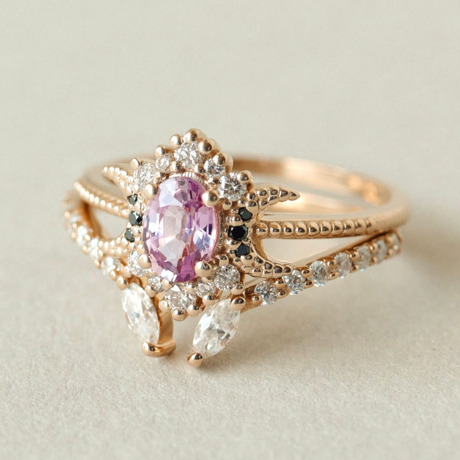 Endless Love Pink Sapphire Moon Halo Engagement Ring, Milgrain