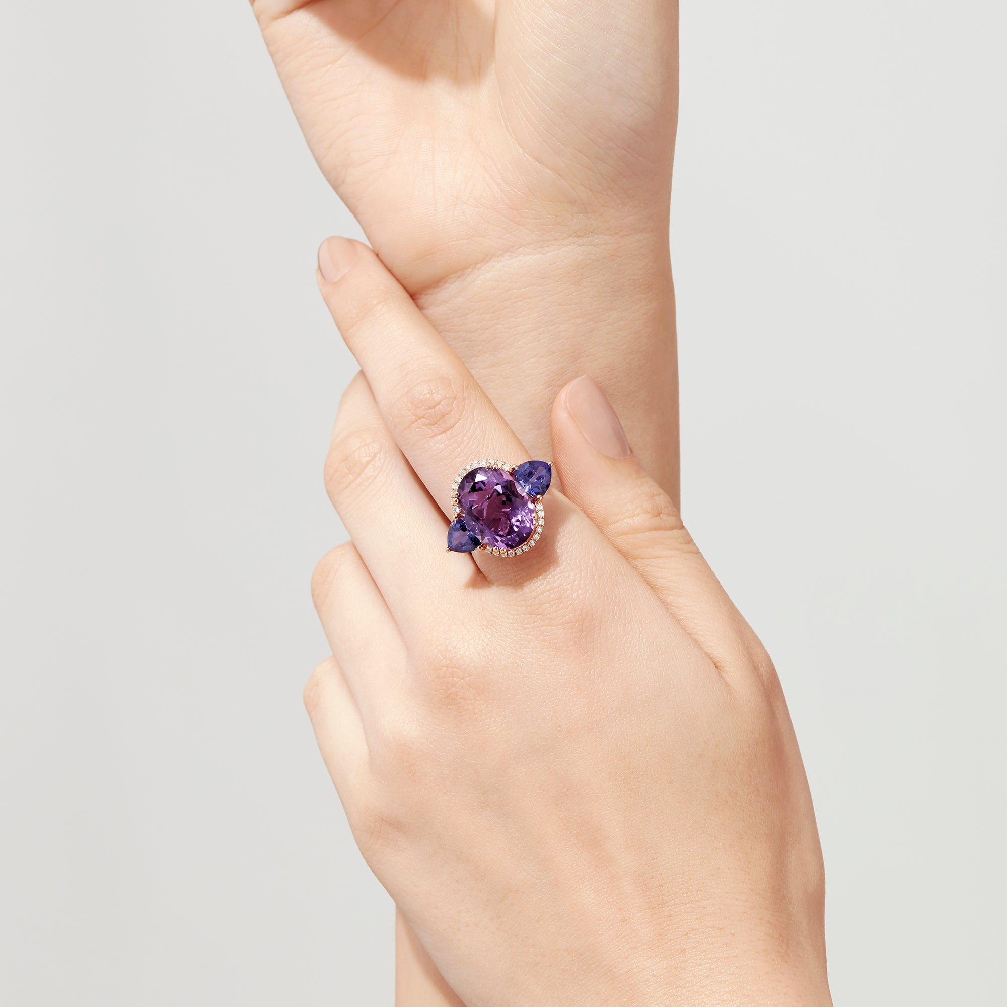 14K Rose Gold Amethyst, Tanzanite and Diamond Ring, 10.28 TCW