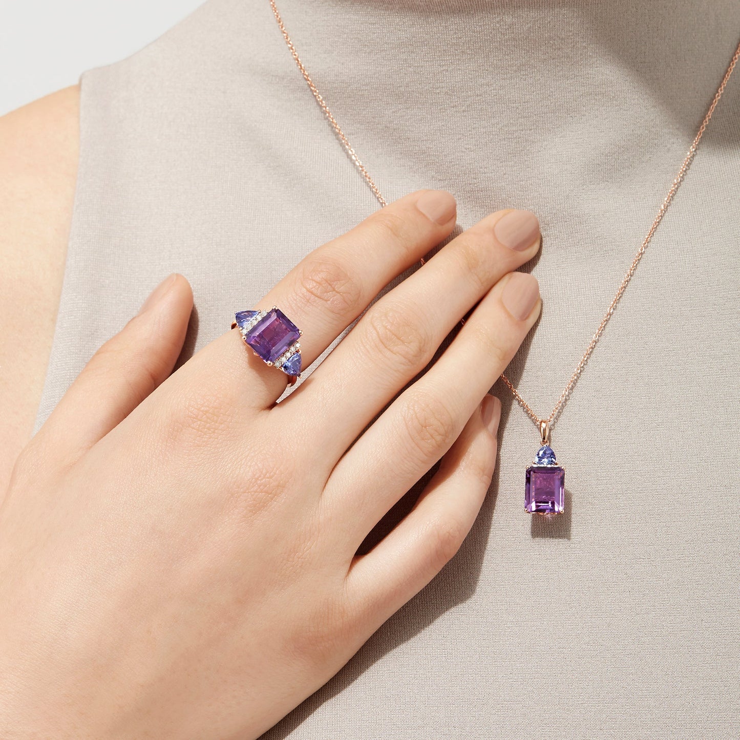 14K Rose Gold Amethyst, Tanzanite and Diamond Pendant, 6.16 TCW