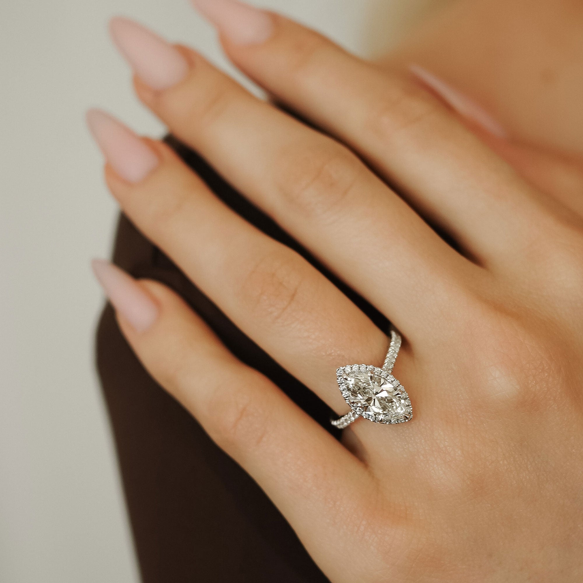 Stefania Marquise Halo Engagement Ring, Hidden V Pave?