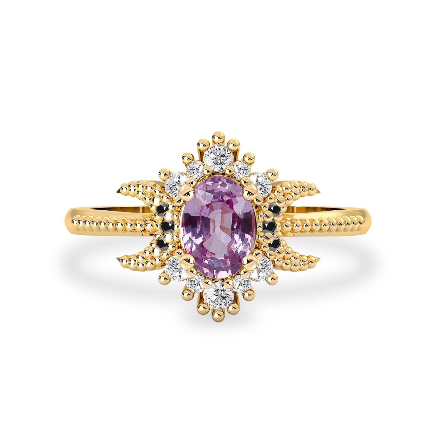 Endless Love Pink Sapphire Moon Halo Engagement Ring, Milgrain