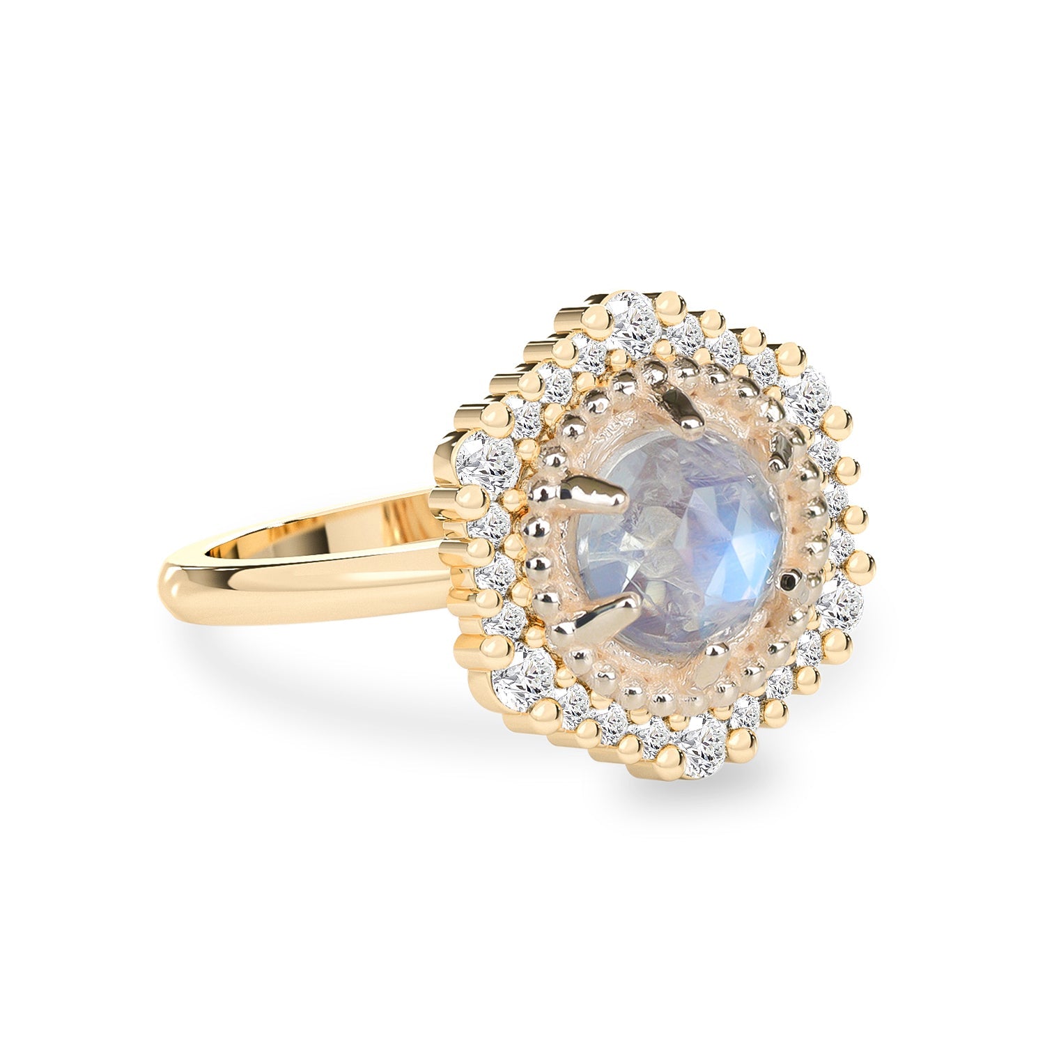 Mystical Rose Cut Moonstone Hexagon Halo Engagement Ring, Natural Diamonds