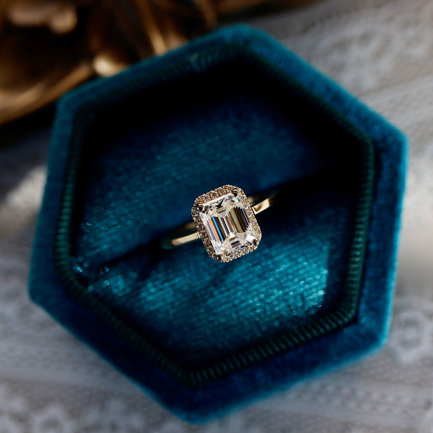 Eva Halo Engagement Ring, Emerald Cut With Cathedral