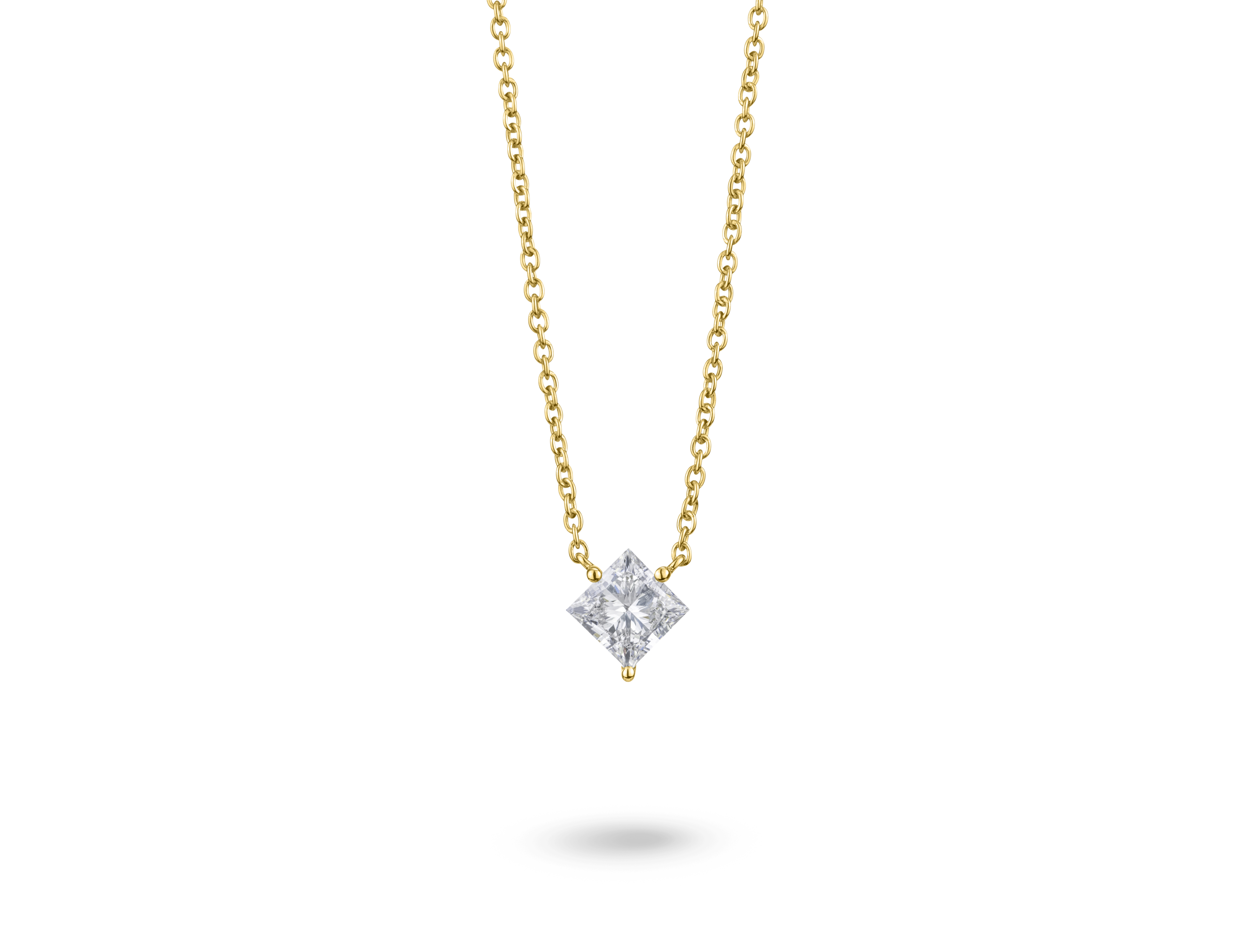 Front view of 14k yellow gold 1 carat princess cut pendant with white diamond