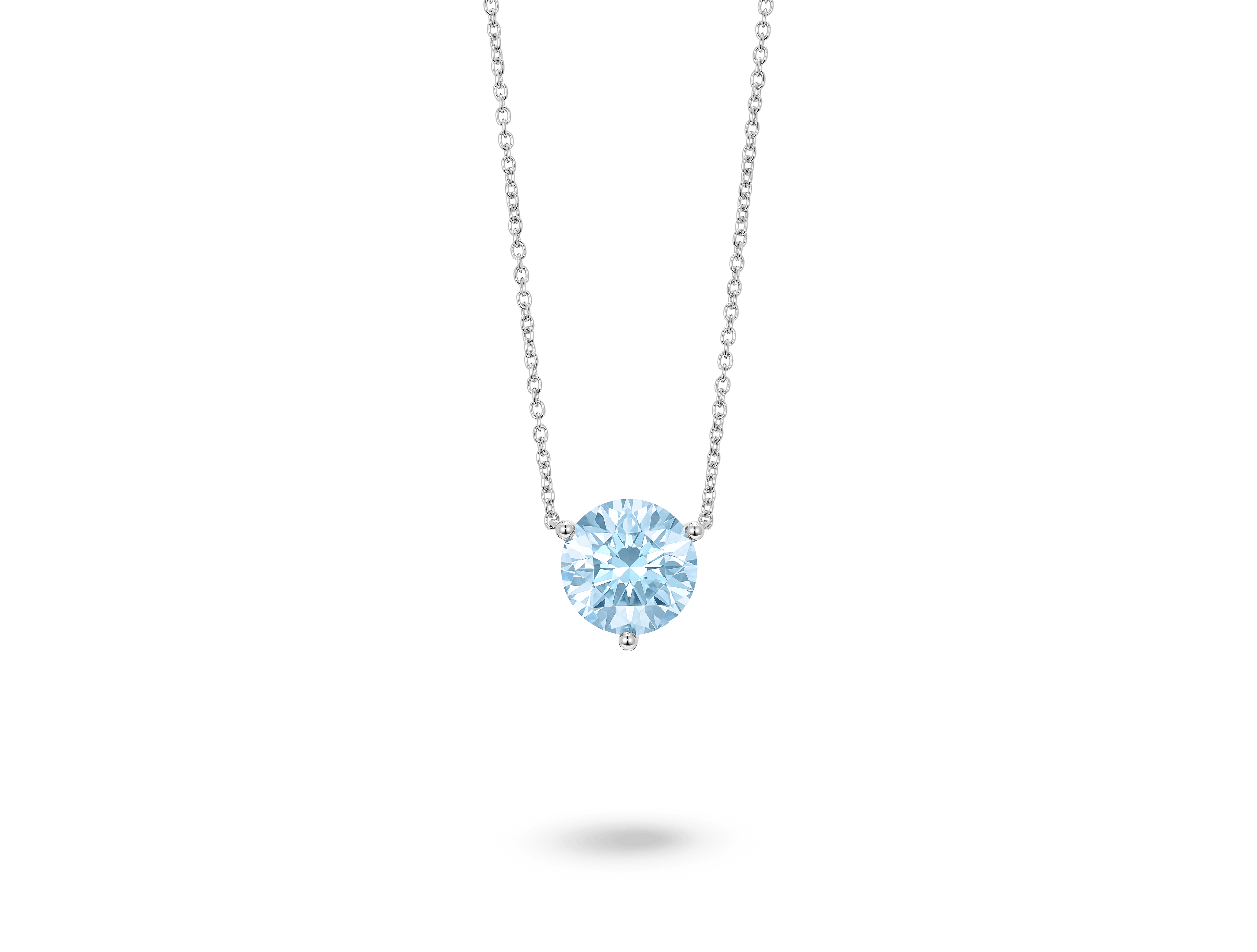 Front view of a blue 2 carat round brilliant pendant in a 14k white gold solitaire setting