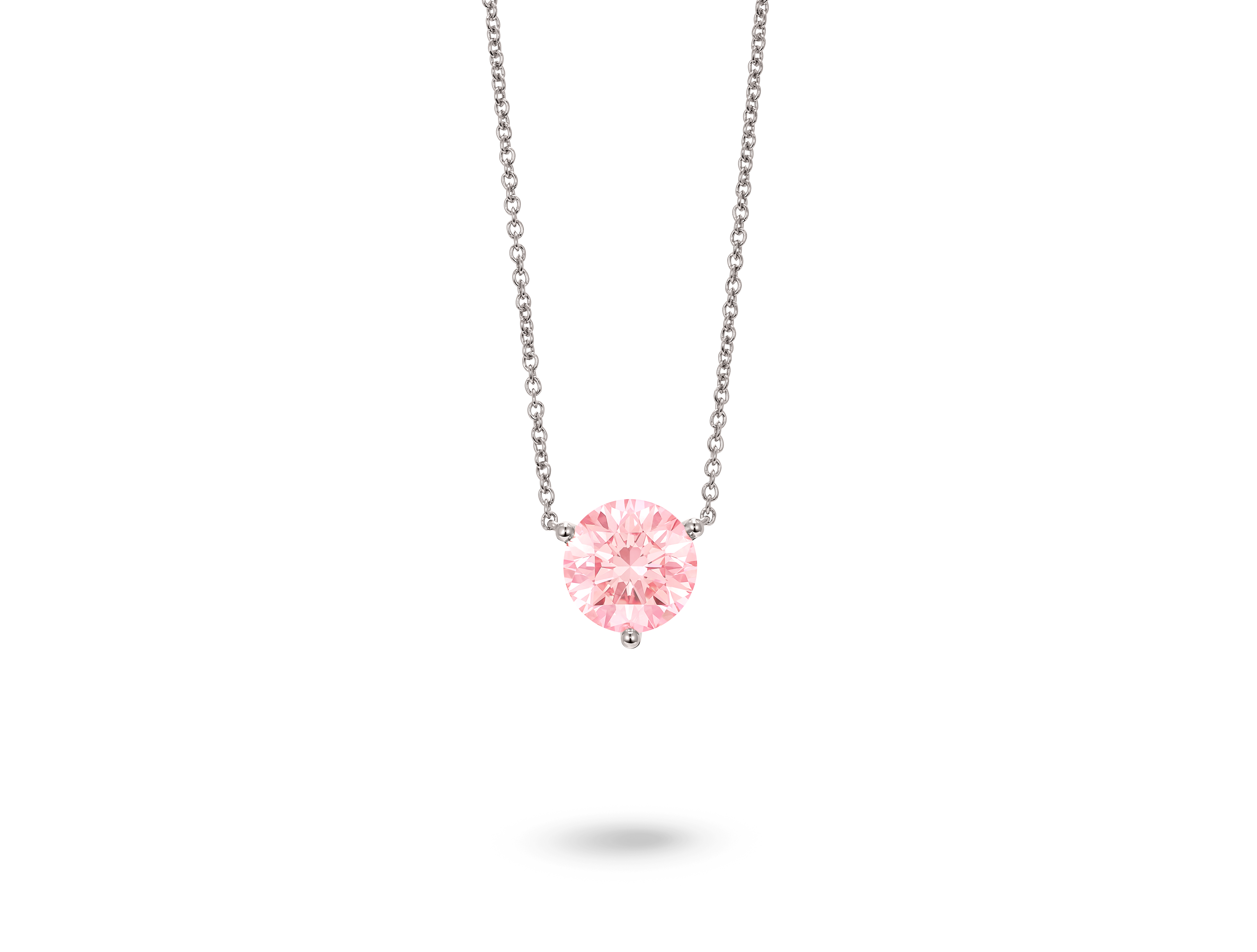 Front view of 2 carat pink round brilliant pendant in 14k white gold