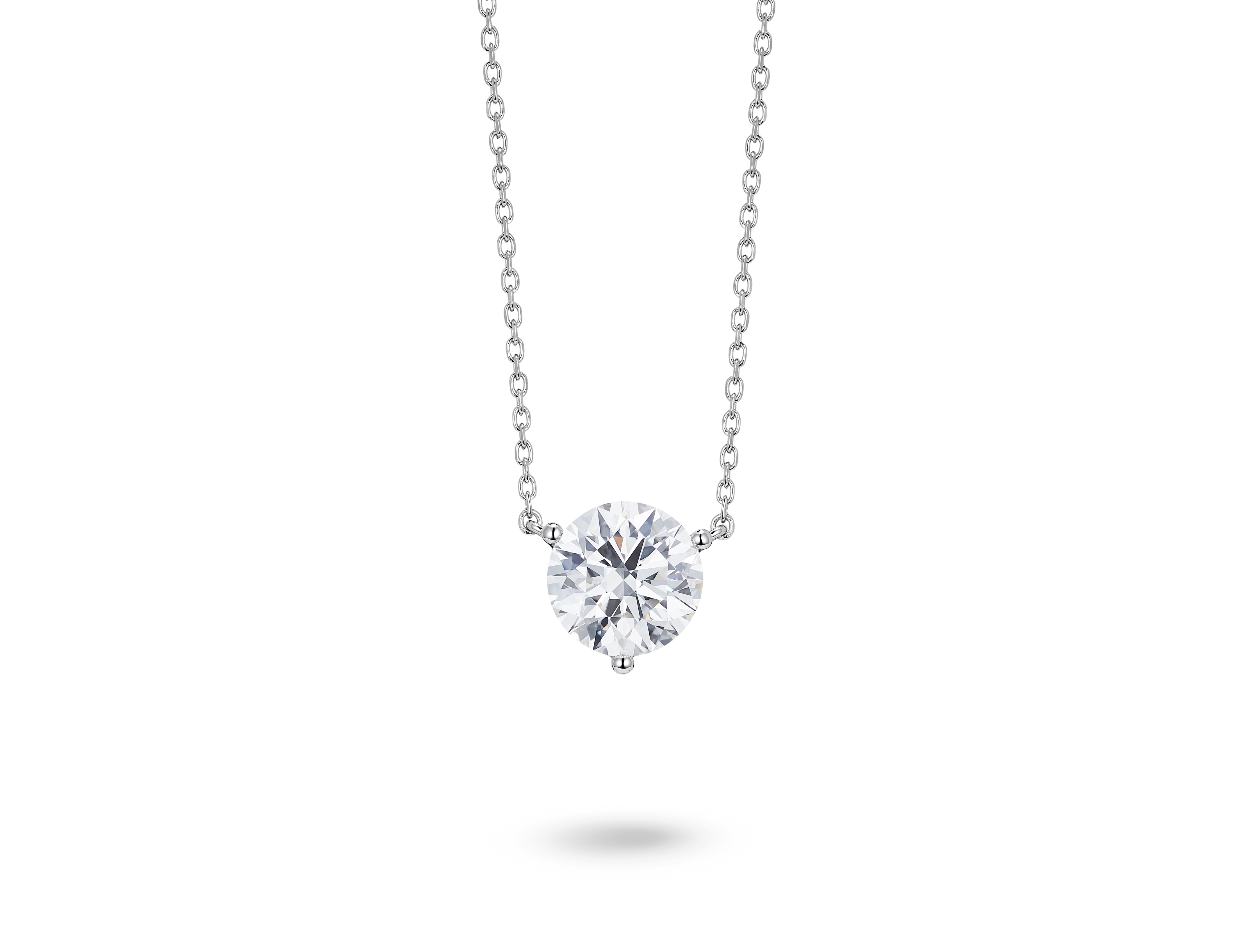 Front view of a lab-grown white 2 carat total weight round brilliant solitaire pendant in 14k white gold