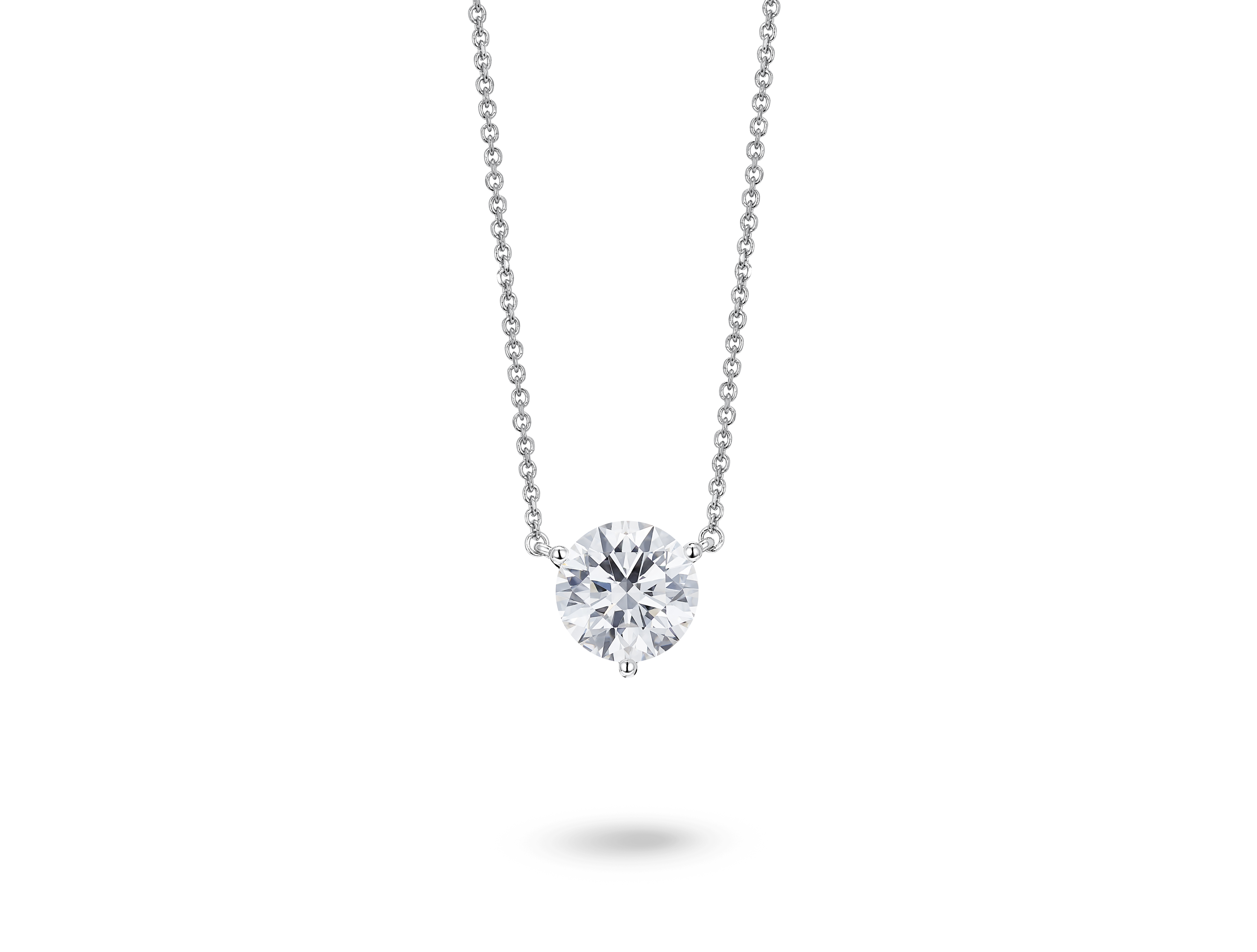 Front view of a lab-grown white 1.5 carat total weight round brilliant solitaire pendant in 14k white gold