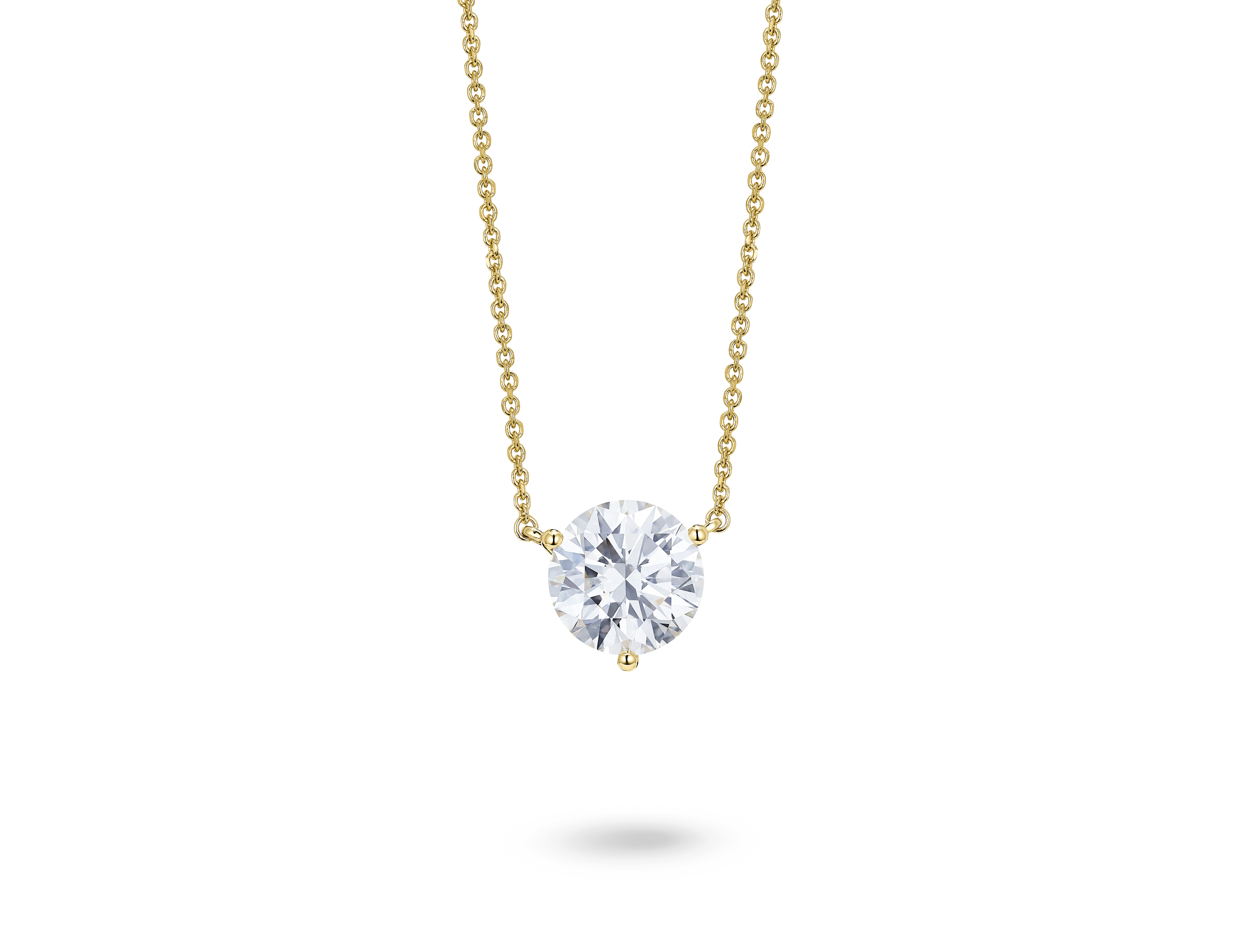 Front view of a lab-grown white 2 carat total weight round brilliant solitaire pendant in 14k yellow gold