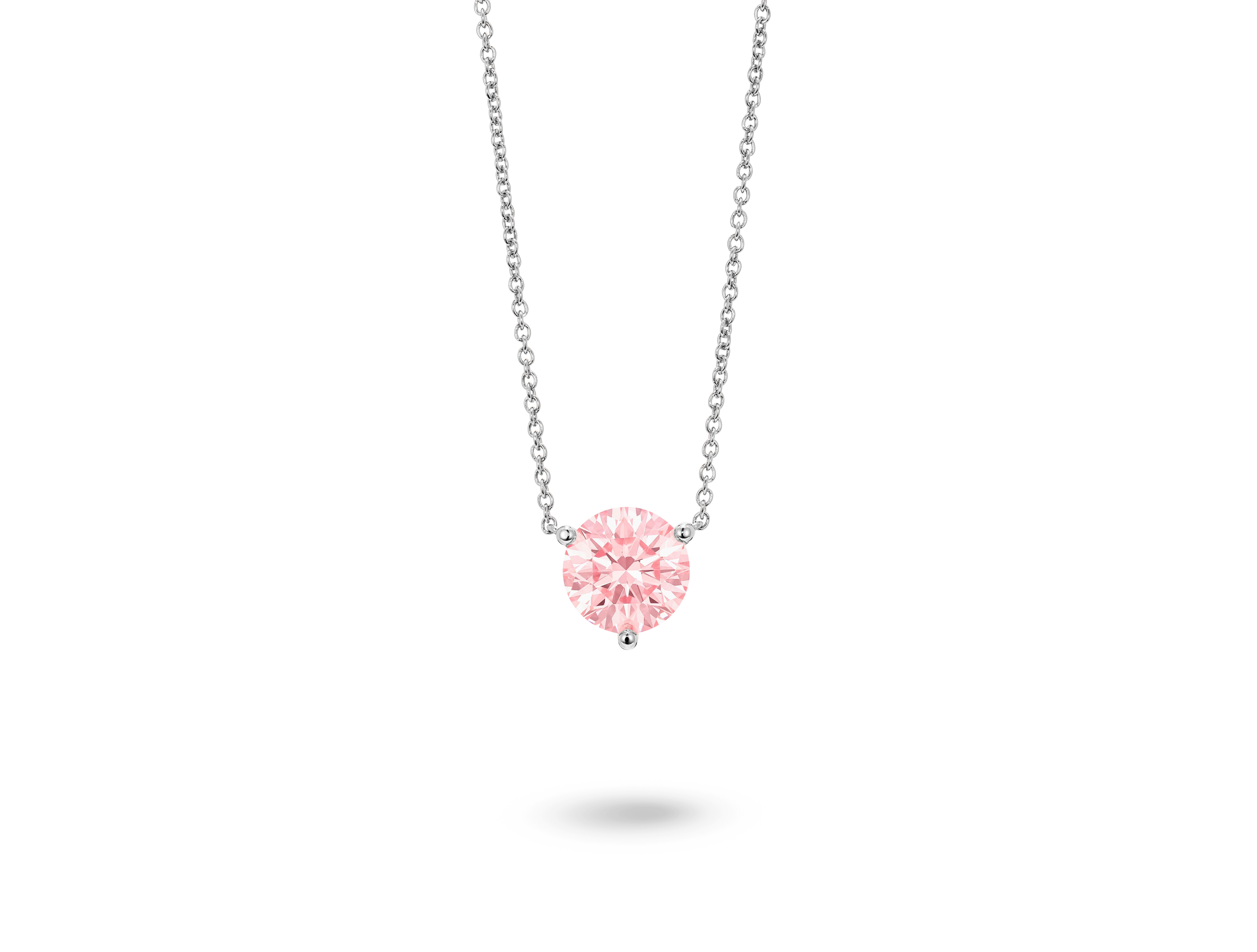 Front view of pink 1.5 carat round brilliant solitaire pendant