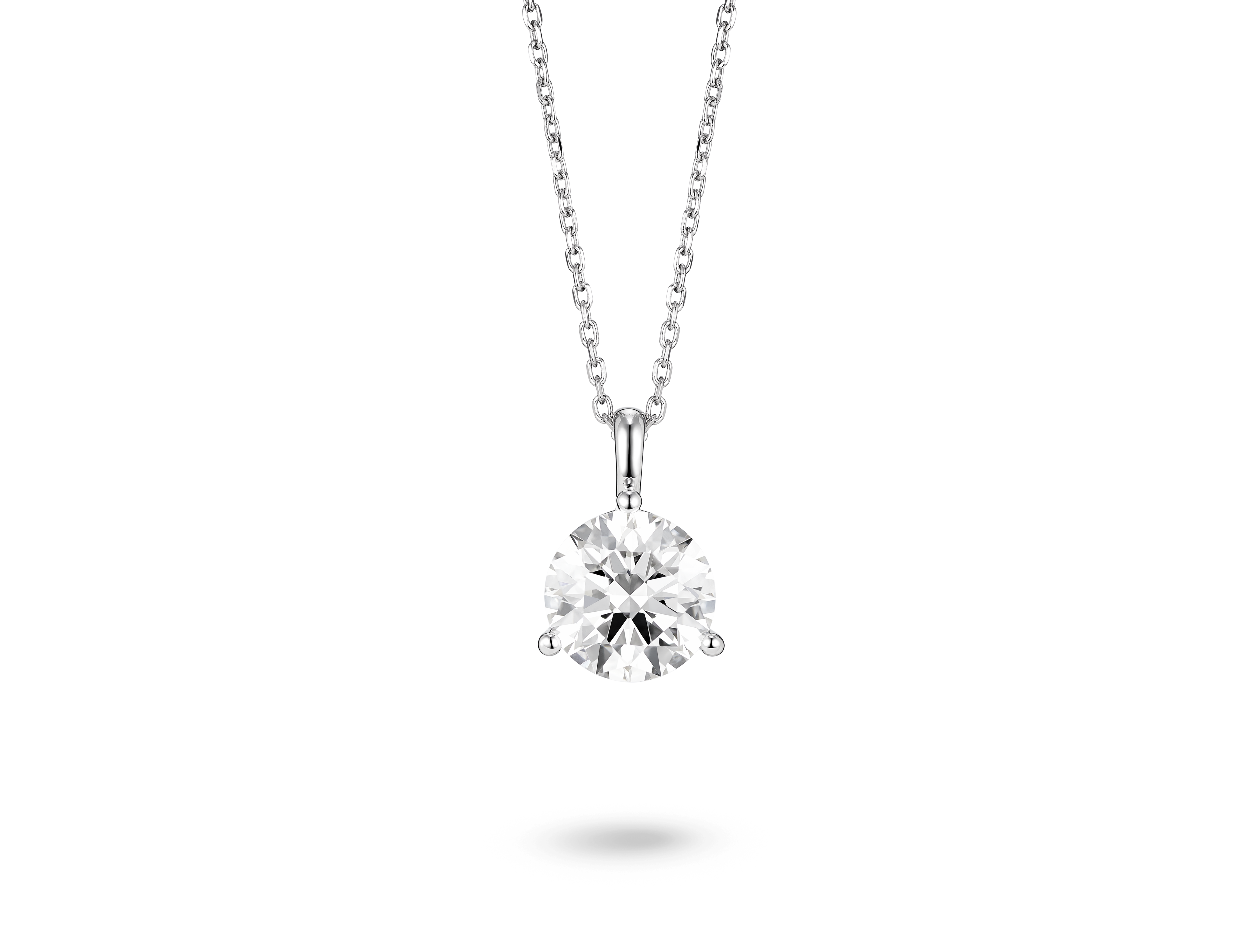 Front view of a lab-grown 2 carat round brilliant solitaire on a bale pendant in white gold