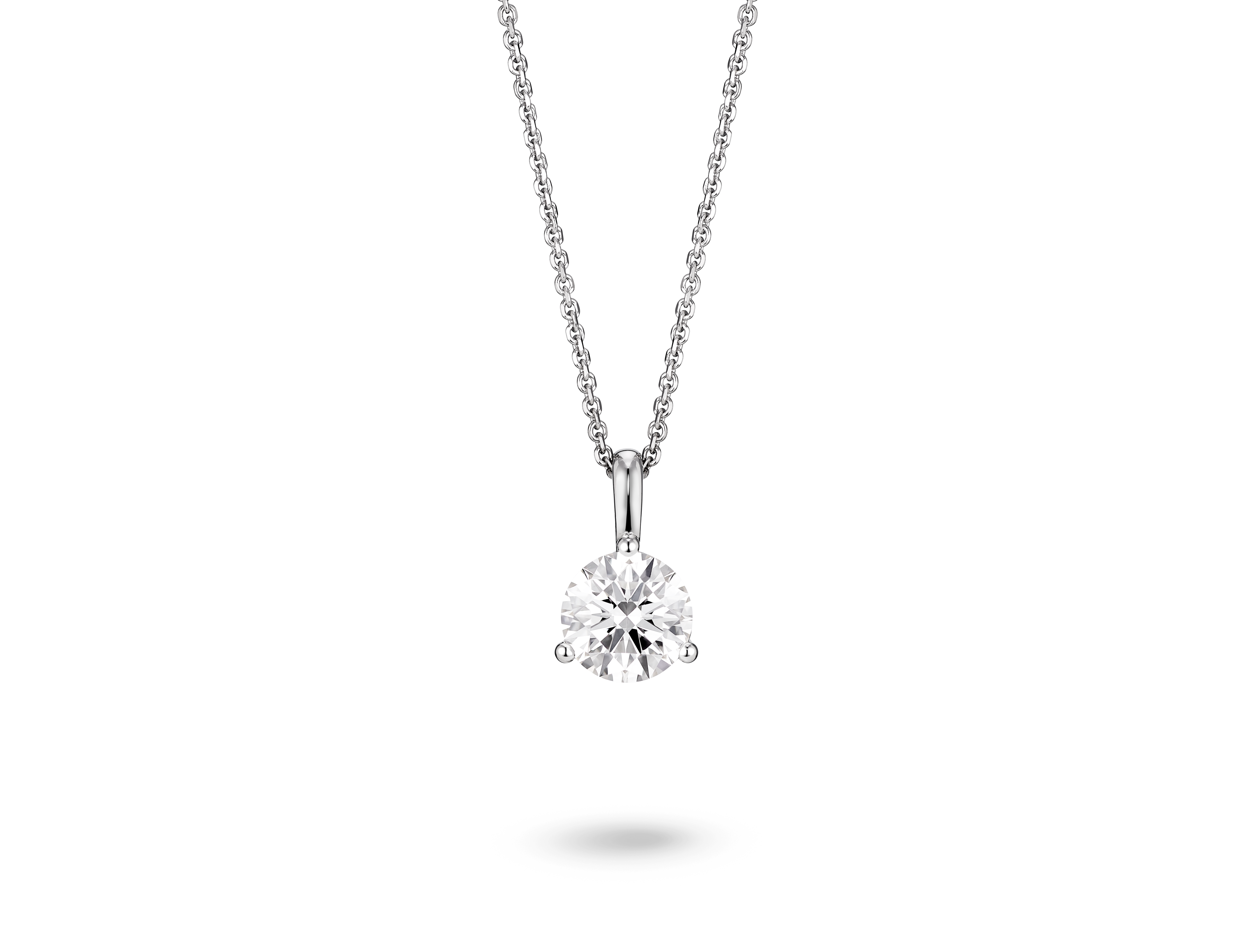 Front view of a lab-grown 1 carat round brilliant solitaire on a bale pendant in white gold