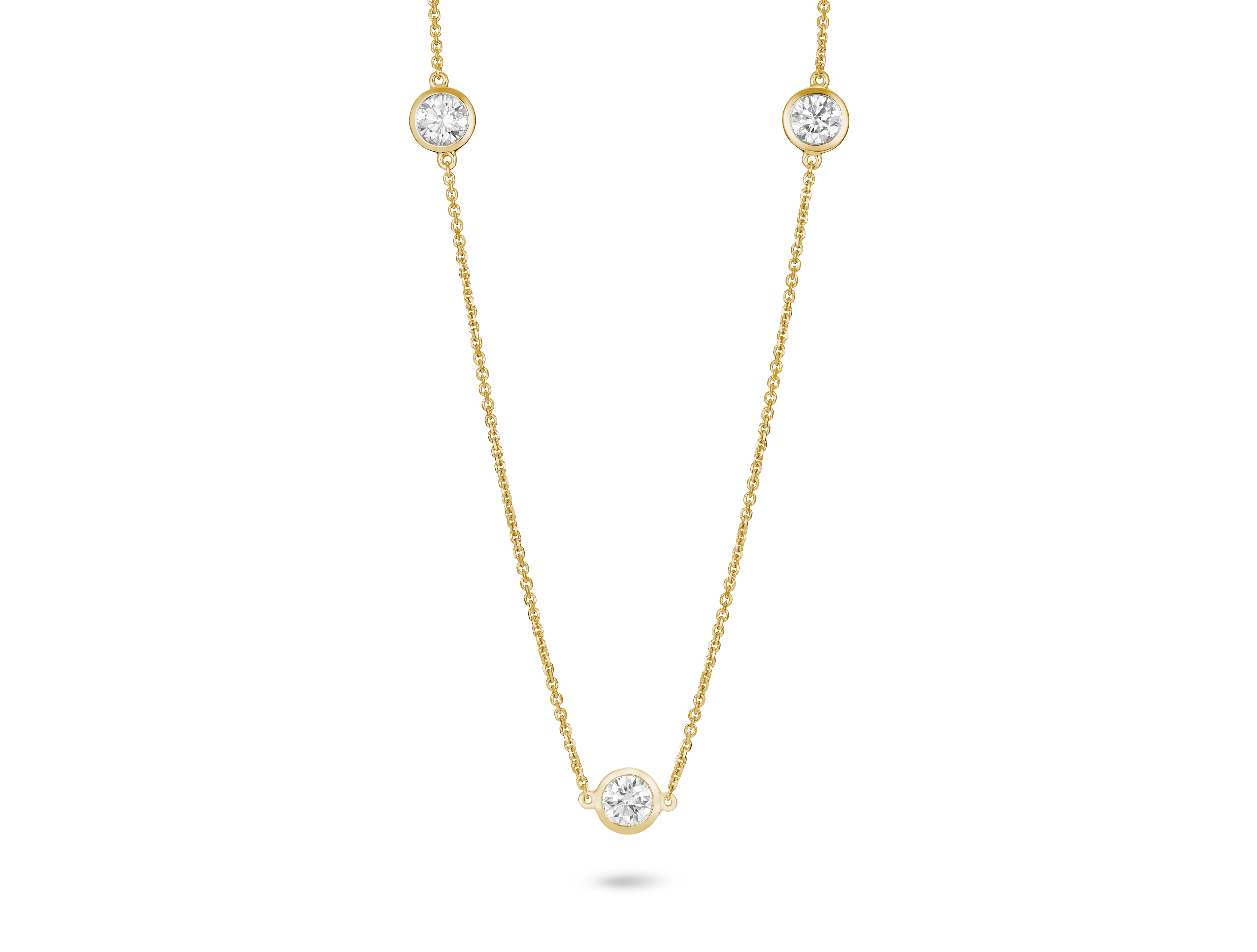 Front shot of 0.75 carat station necklace in 14k yellow gold