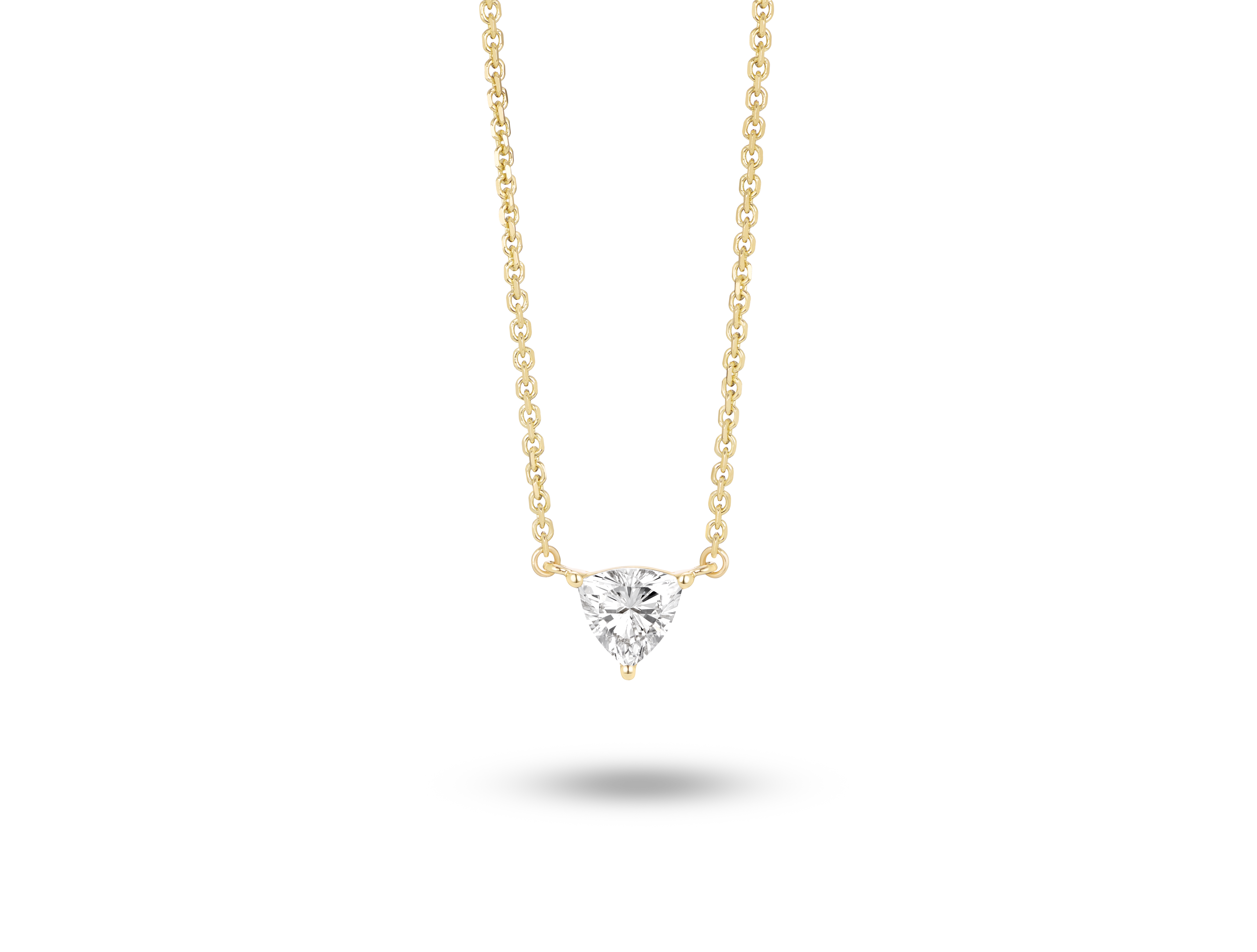 Front view of 0.25 carat trillion cut solitaire pendant in yellow gold