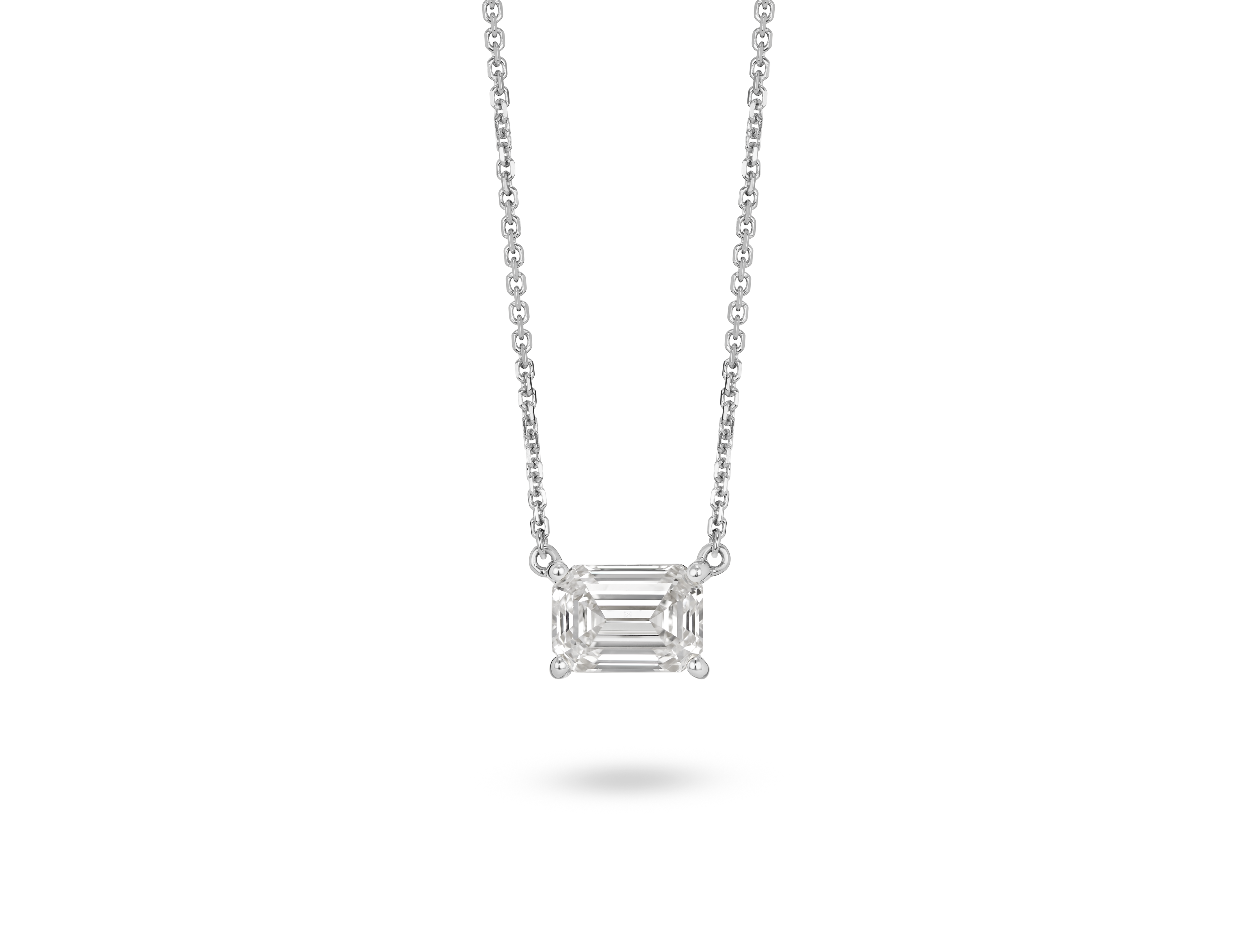 Front view of 1 carat emerald cut solitaire pendant in 14k white gold