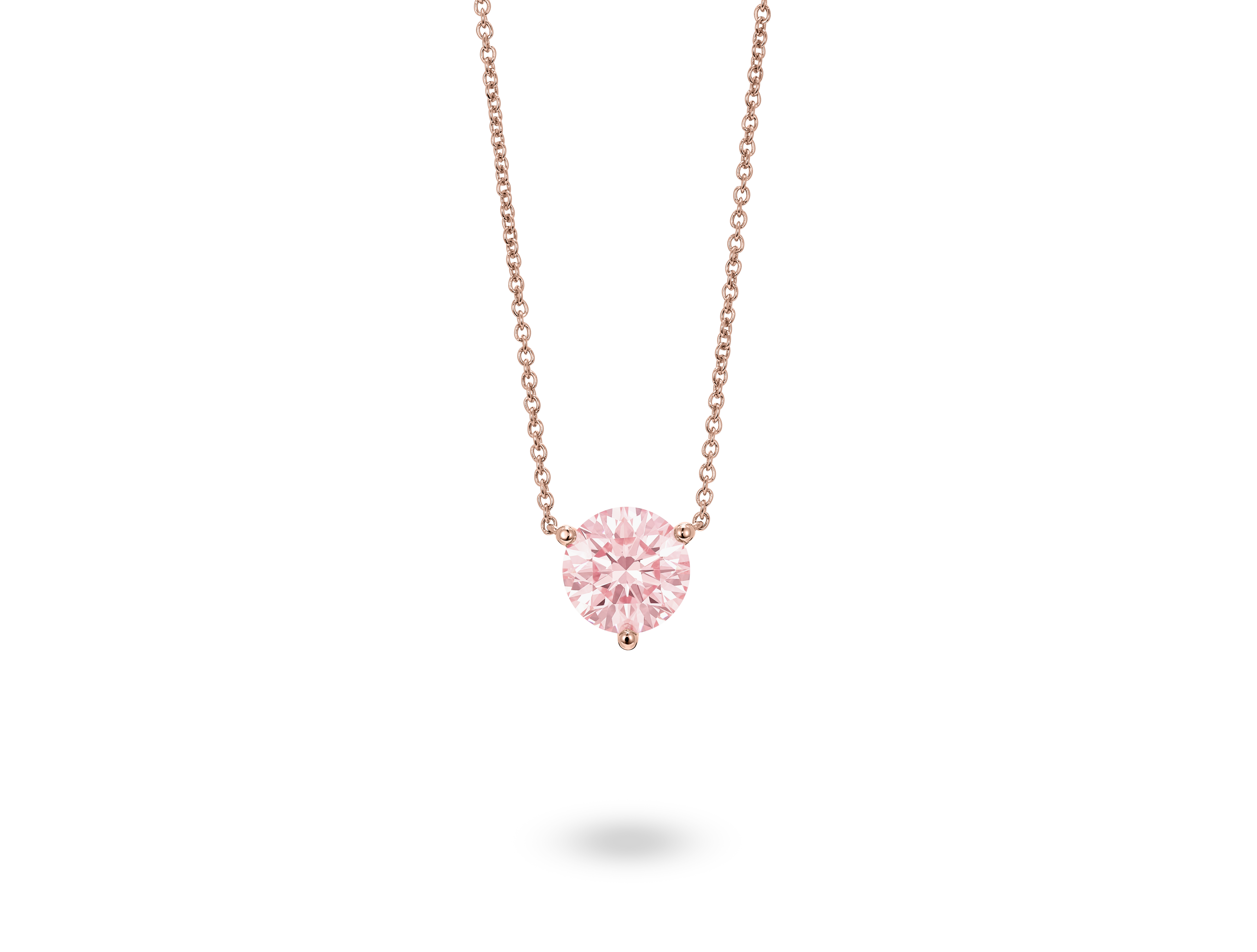 Front view of pink lab-grown 1.5 carat round brilliant solitaire pendant in rose gold