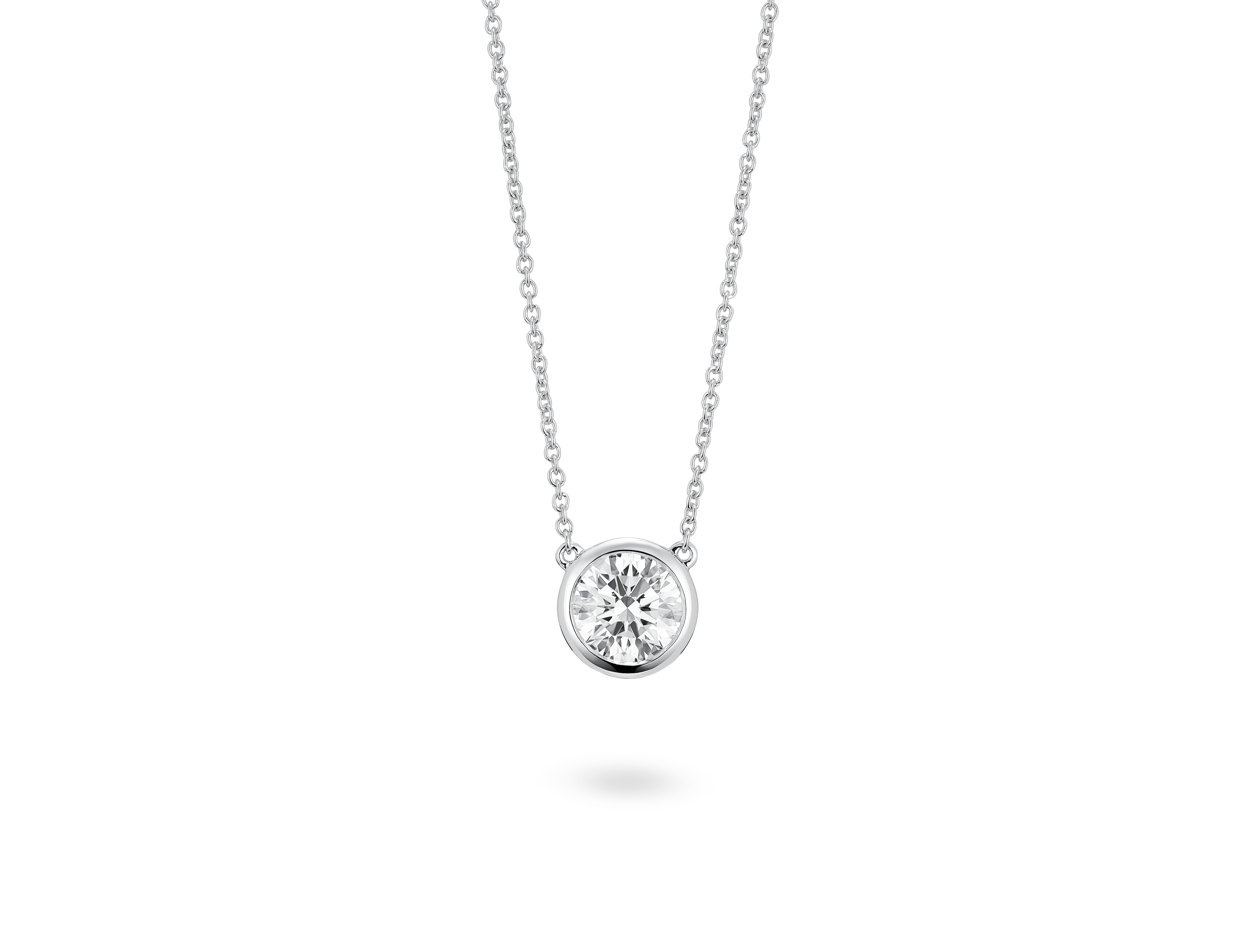 Front view of 1 carat round brilliant bezel pendant in 14k white gold