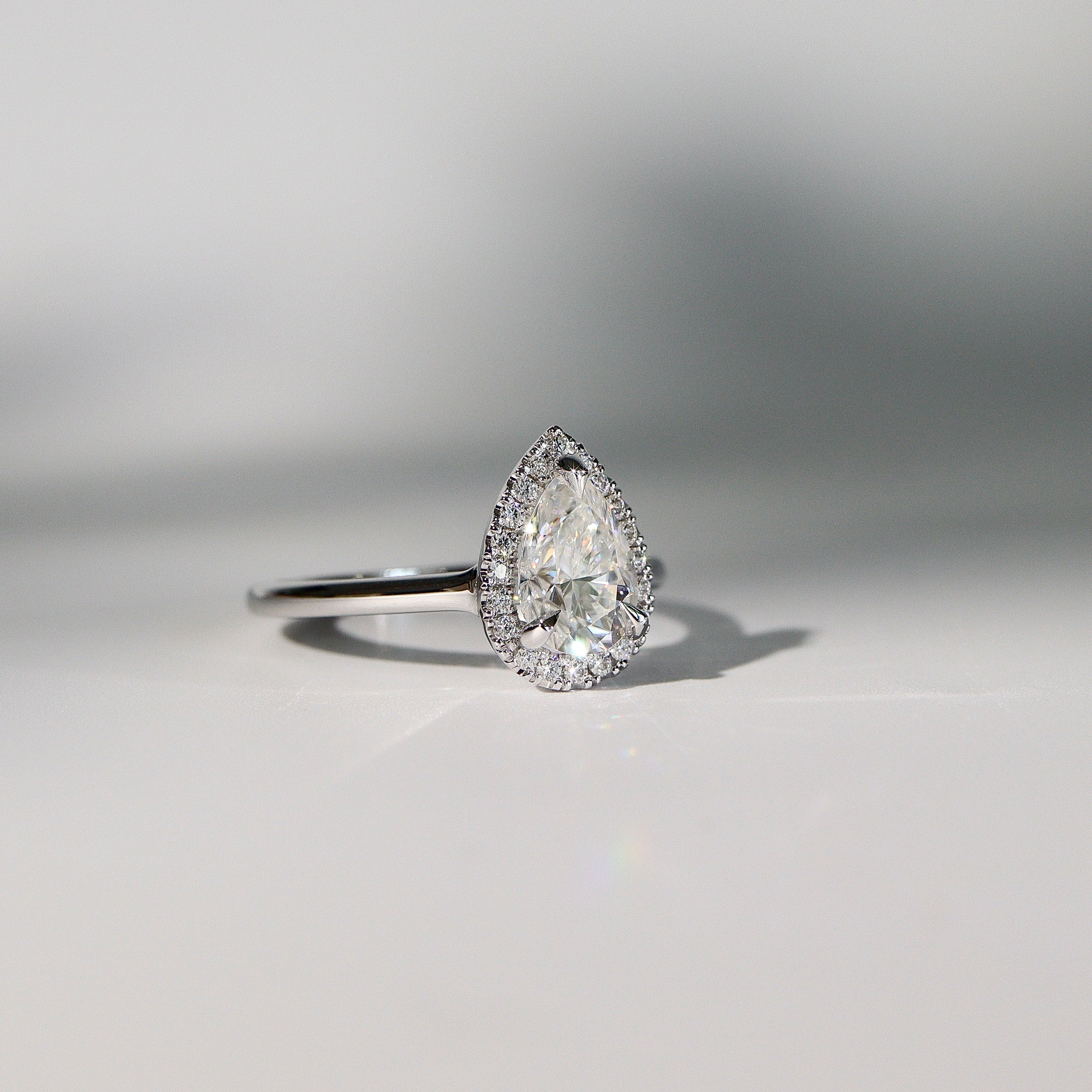 Paula Pear Forever Halo Engagement Ring, Moissanite/Lab Grown Diamond