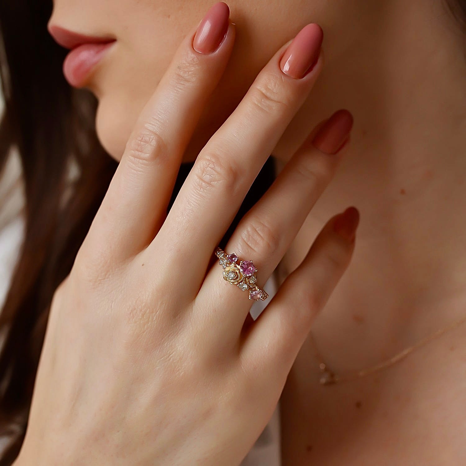 Rose Blossom Engagement Ring, Pink Sapphire & Natural Diamond