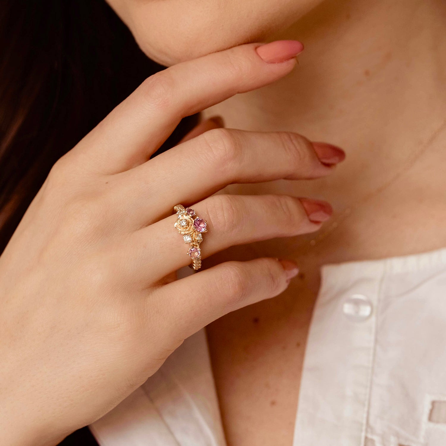 Rose Blossom Engagement Ring, Pink Sapphire & Natural Diamond