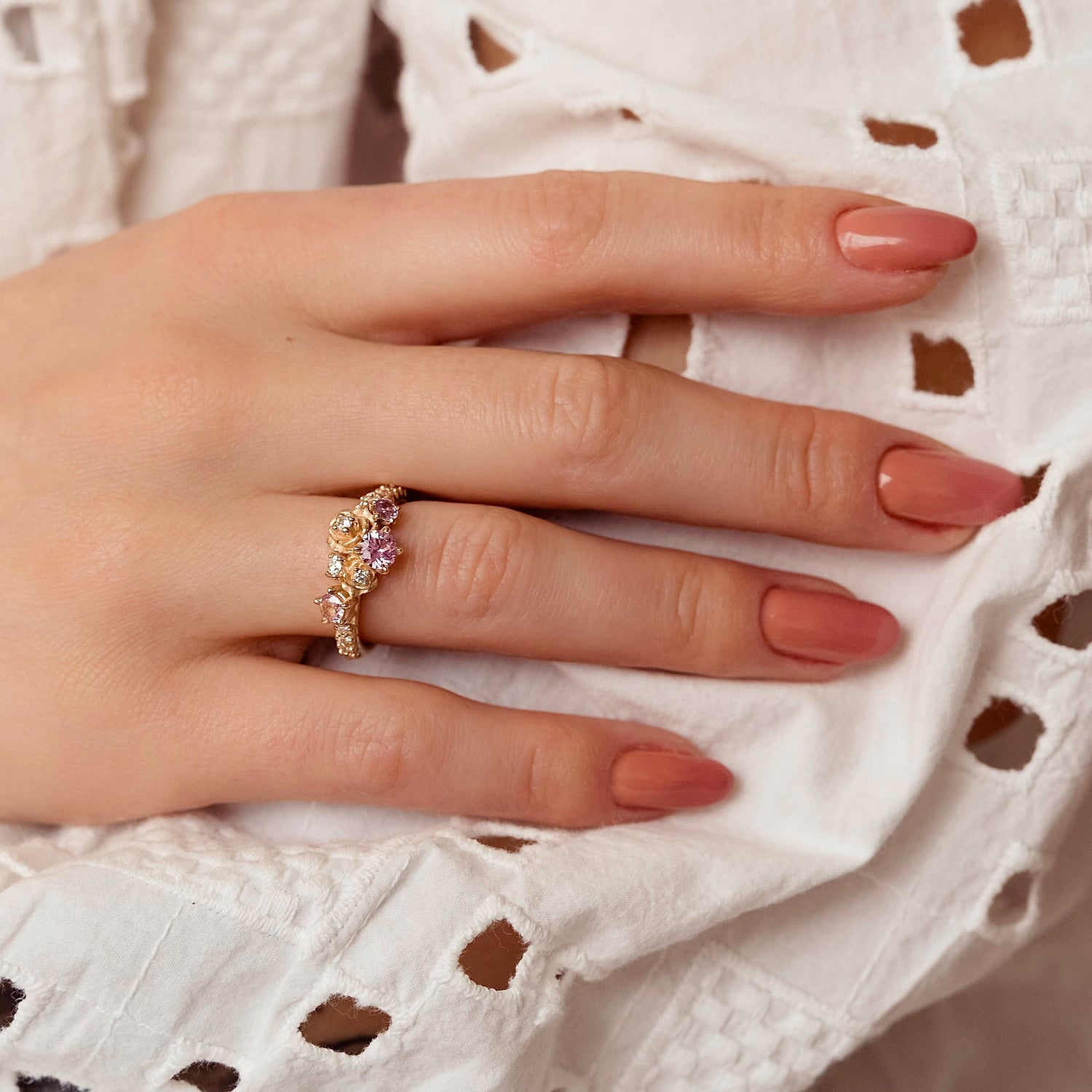 Rose Blossom Engagement Ring, Pink Sapphire & Natural Diamond