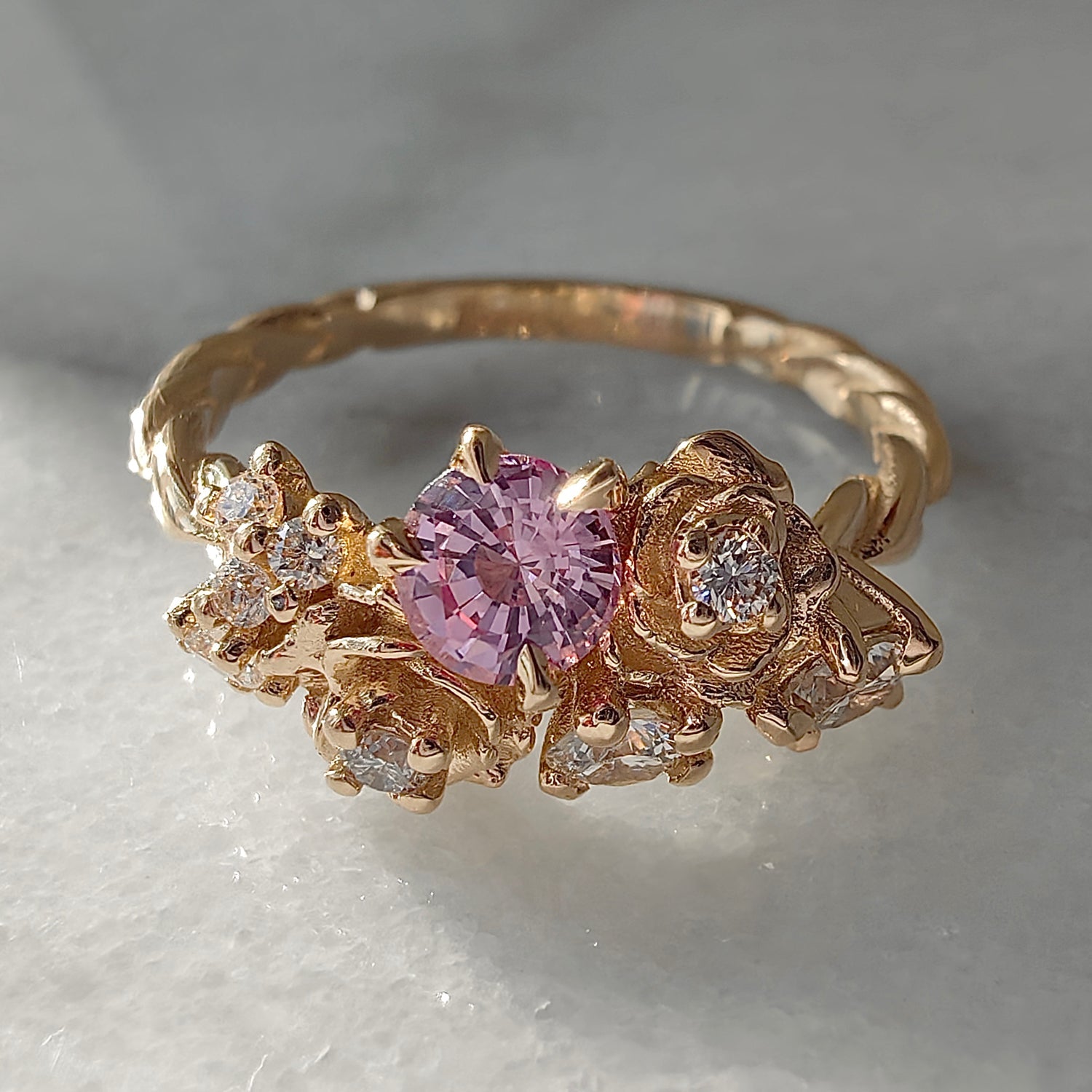 Small Rose Blossom Engagement Ring, Pink Sapphire & Natural Diamond