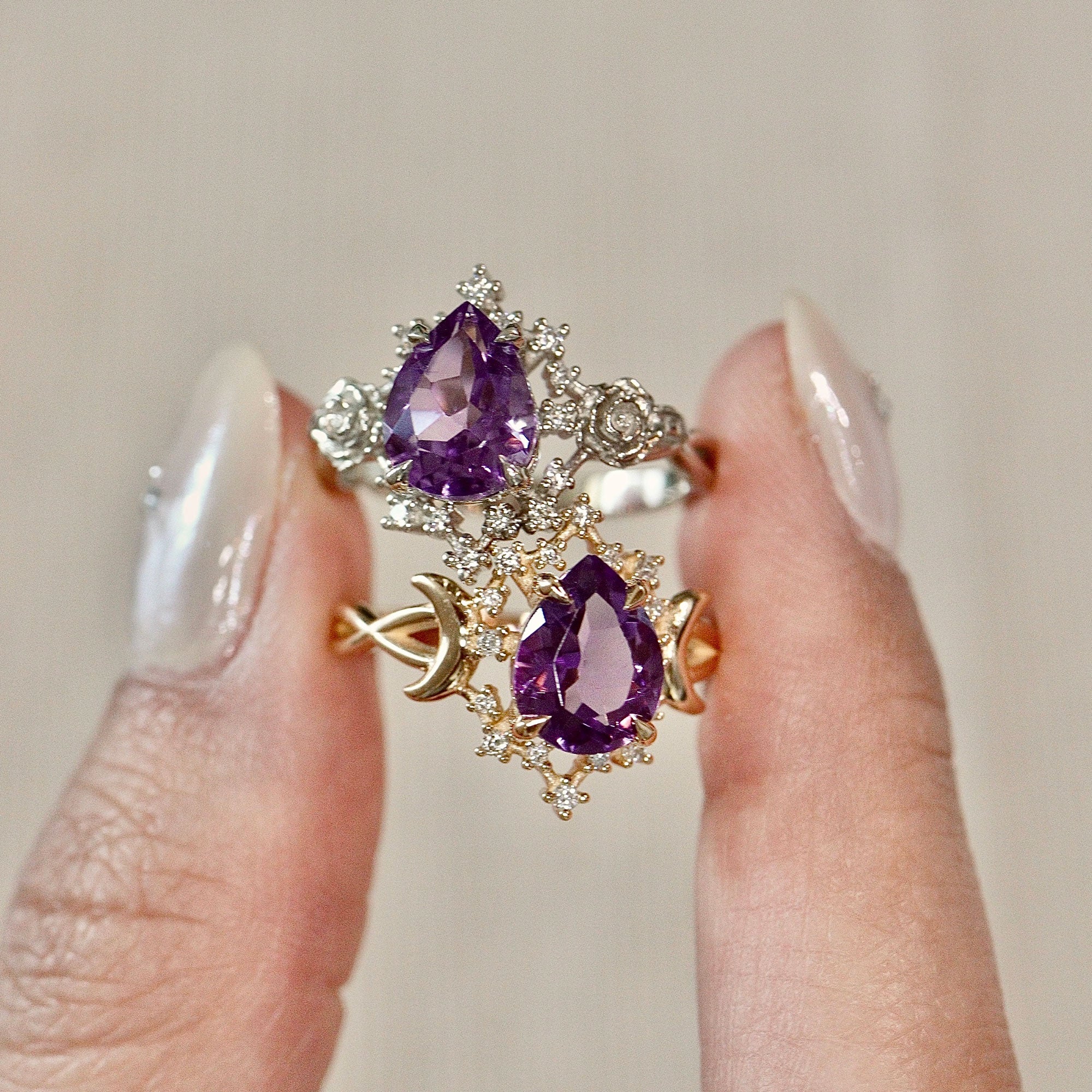 Alice Star & Moon Magic Engagement Ring, Pear Cut Amethyst