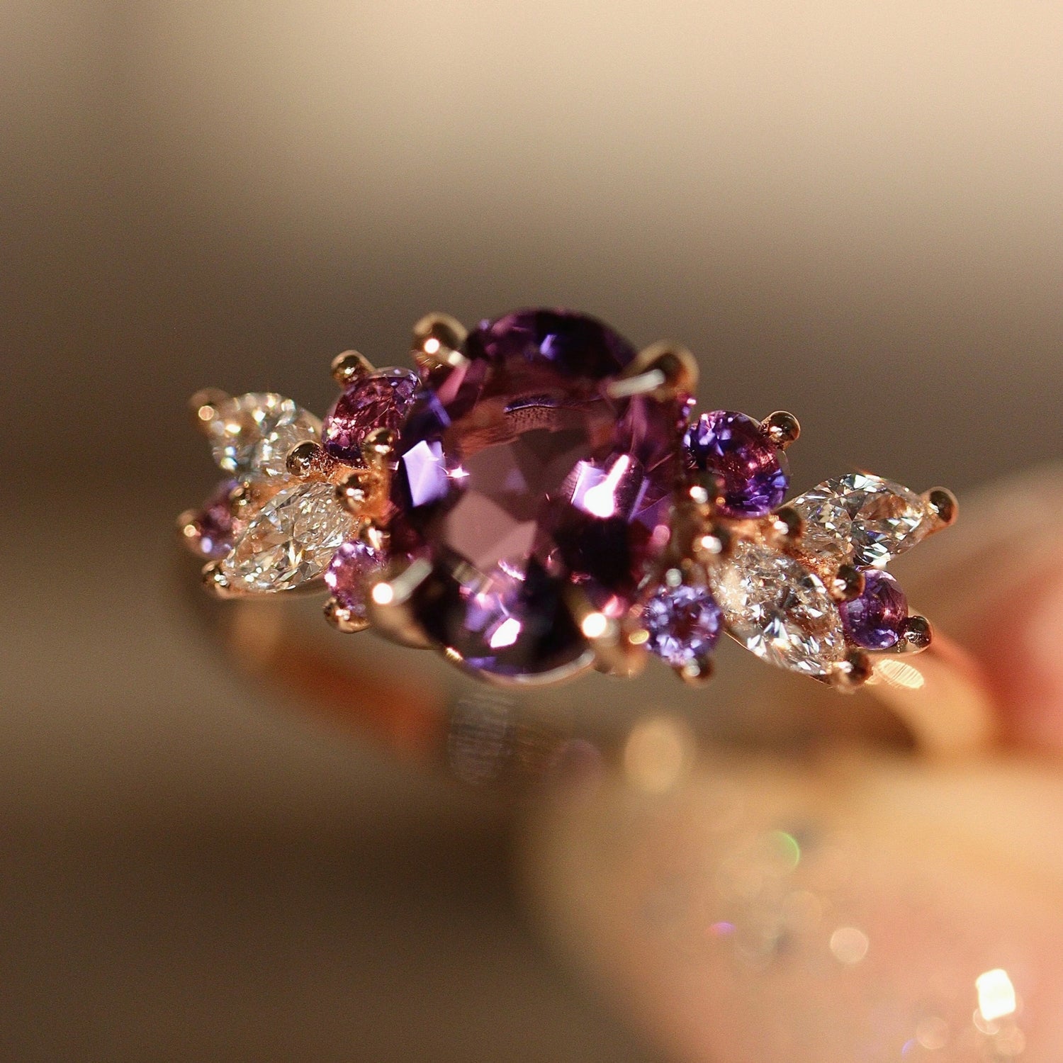 Oval Amethyst Anna's Dream Cluster Engagement Ring, Oval Brilliant With Marquise