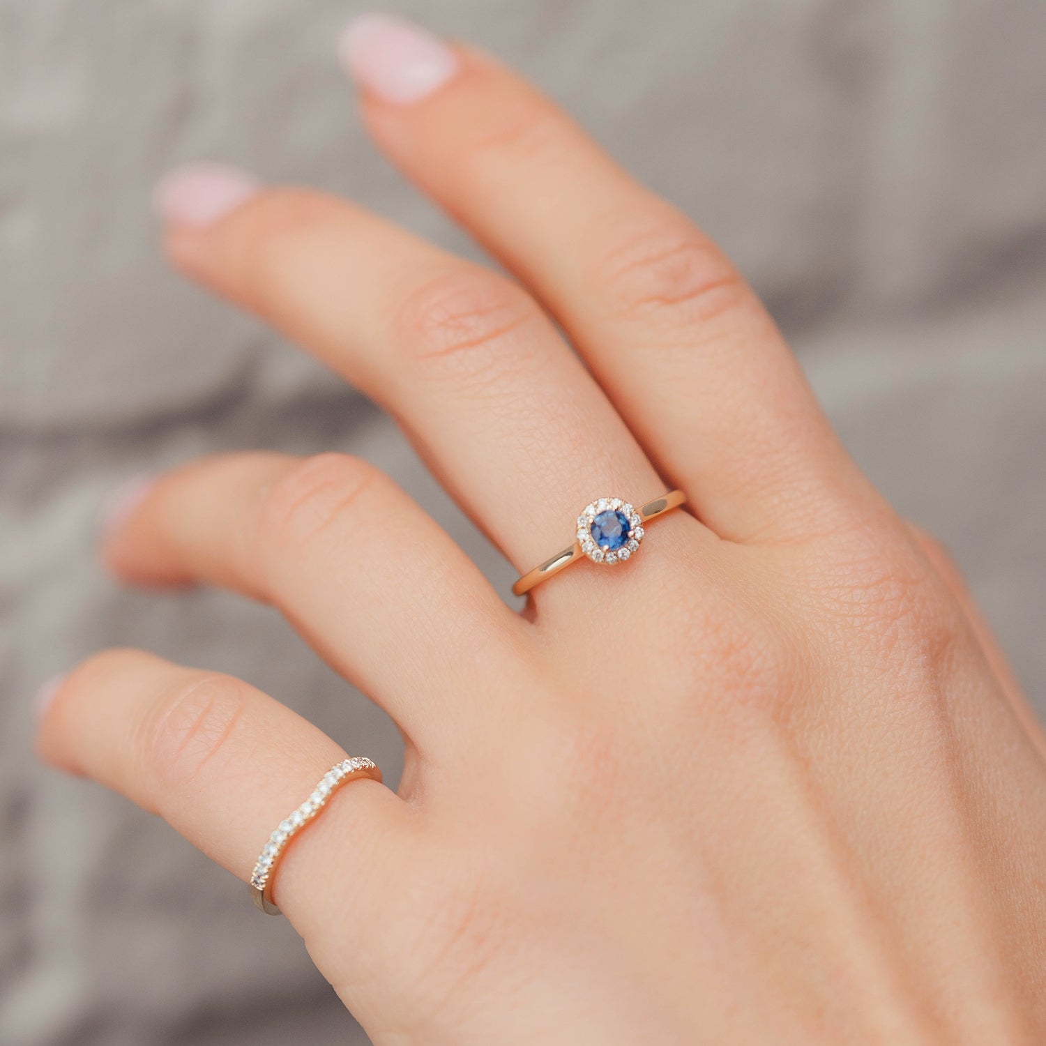 Anastasia’s Dream Pavé Halo Engagement Ring, Lab Grown Blue Sapphire