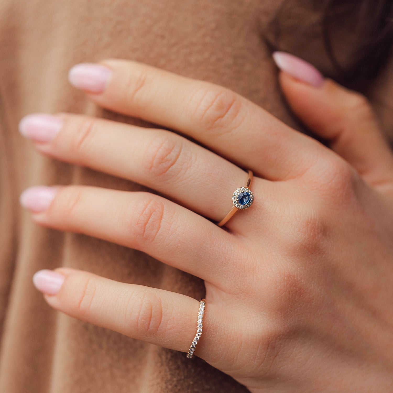 Anastasia’s Dream Pavé Halo Engagement Ring, Lab Grown Blue Sapphire