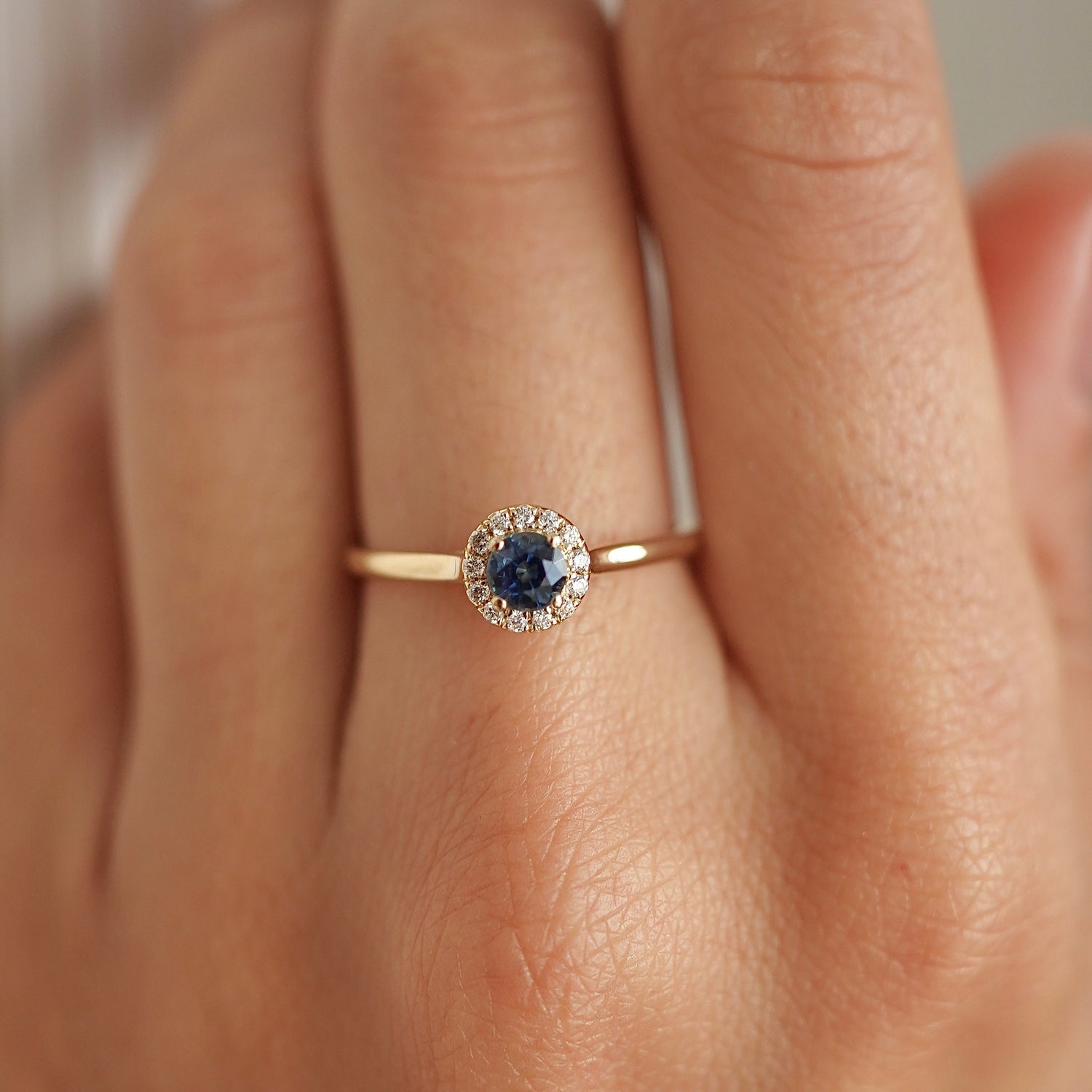 Anastasia’s Dream Pavé Halo Engagement Ring, Lab Grown Blue Sapphire