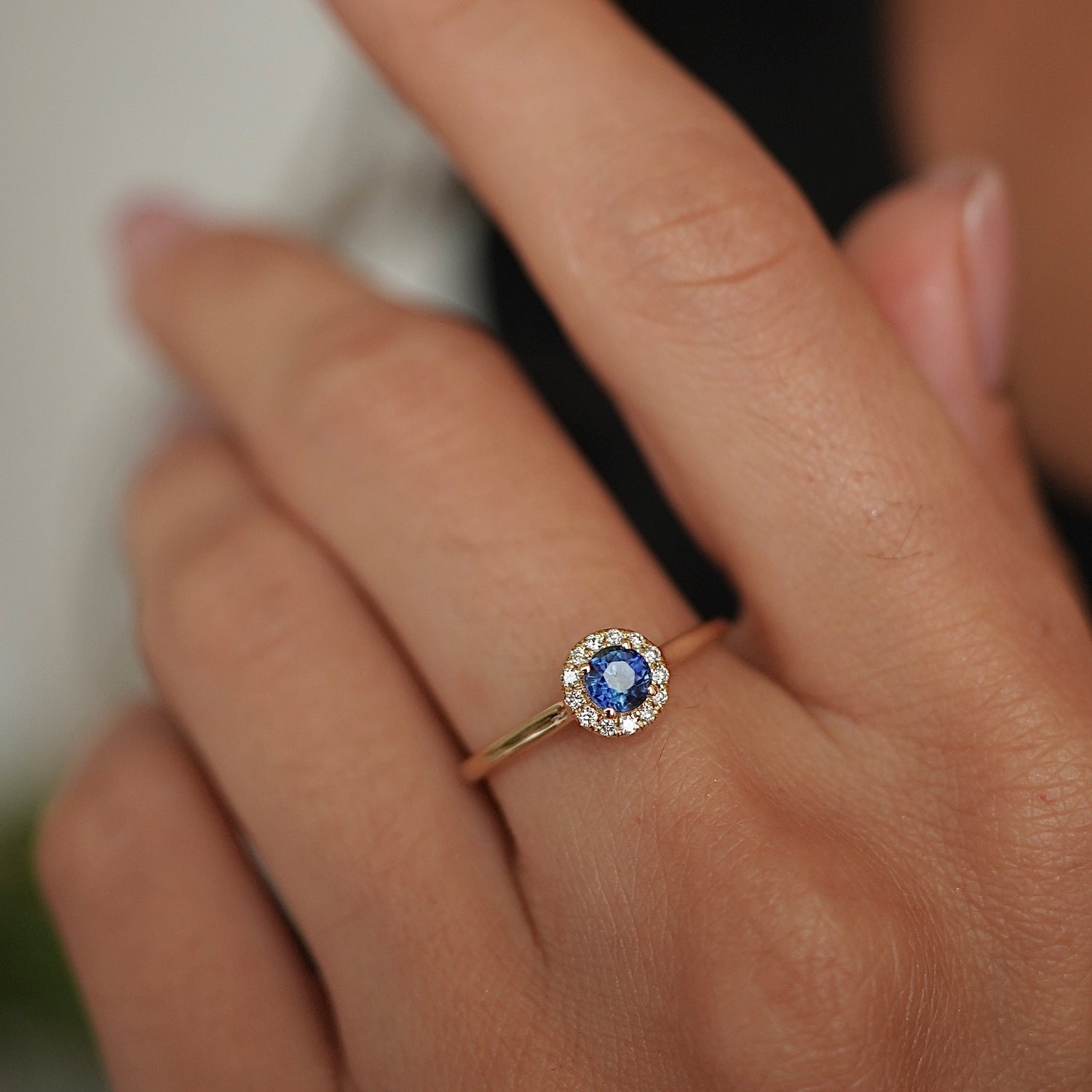 Anastasia’s Dream Pavé Halo Engagement Ring, Lab Grown Blue Sapphire