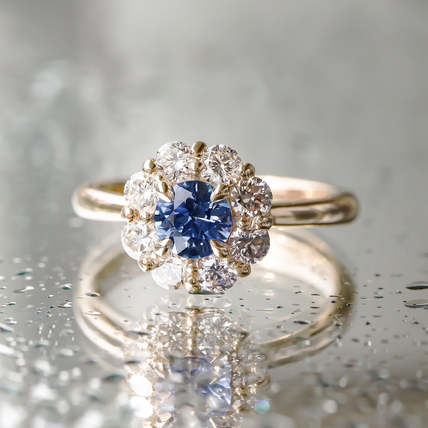 True Love Halo Engagement Ring No.2, Natural Blue Sapphire & Diamond