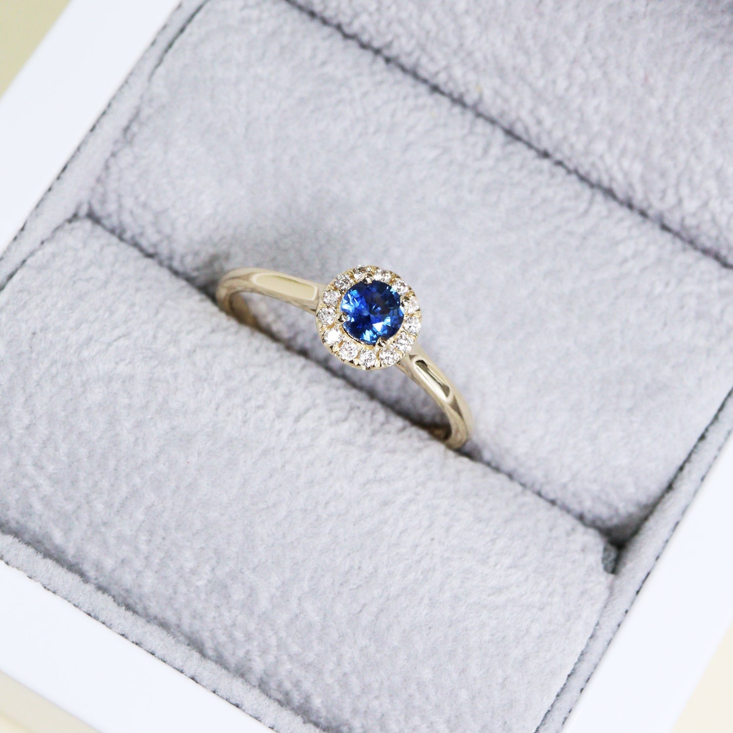 Anastasia’s Dream Pavé Halo Engagement Ring, Lab Grown Blue Sapphire