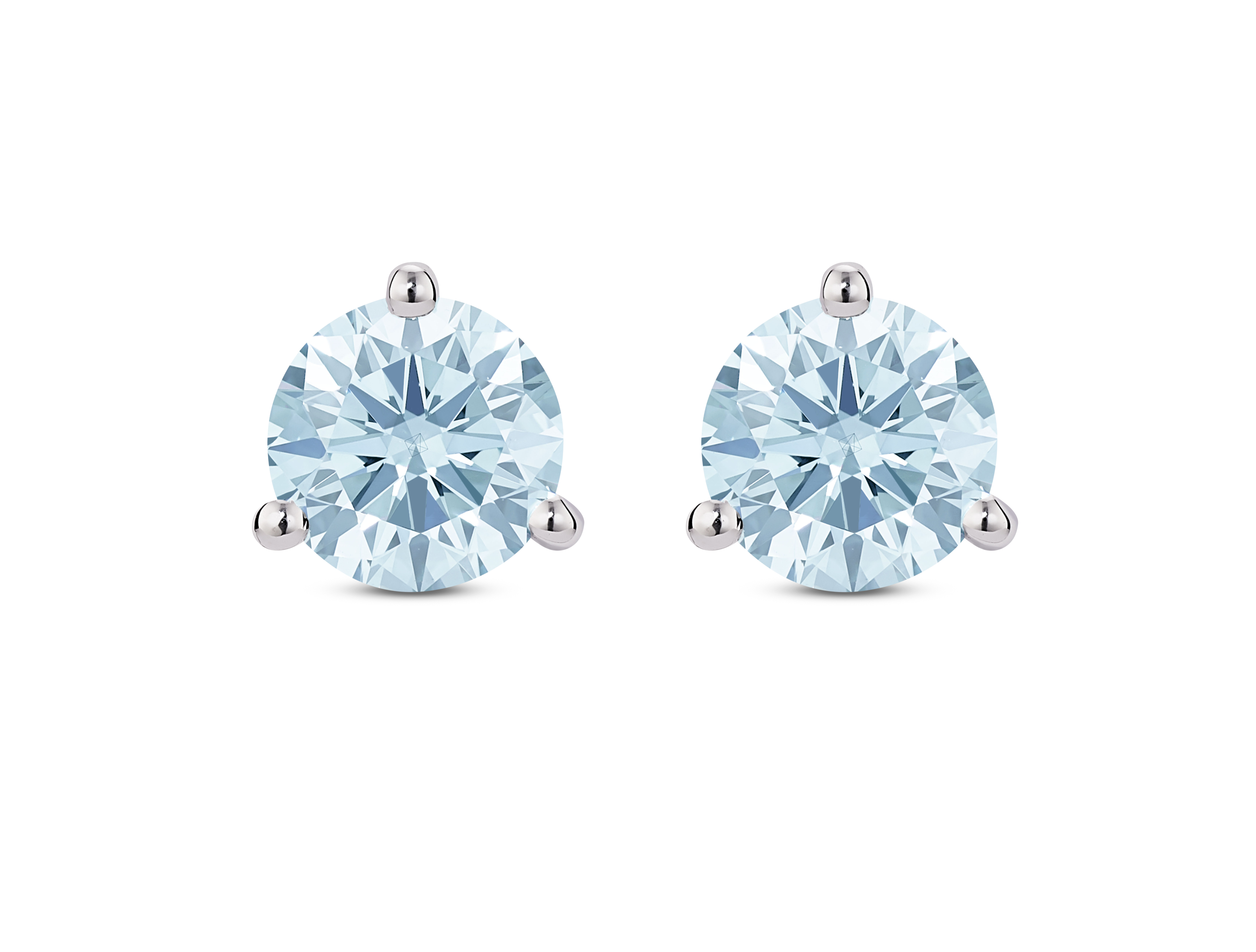 Front view of 2 carat total weight solitaire round brilliant 14k white gold studs with blue diamond