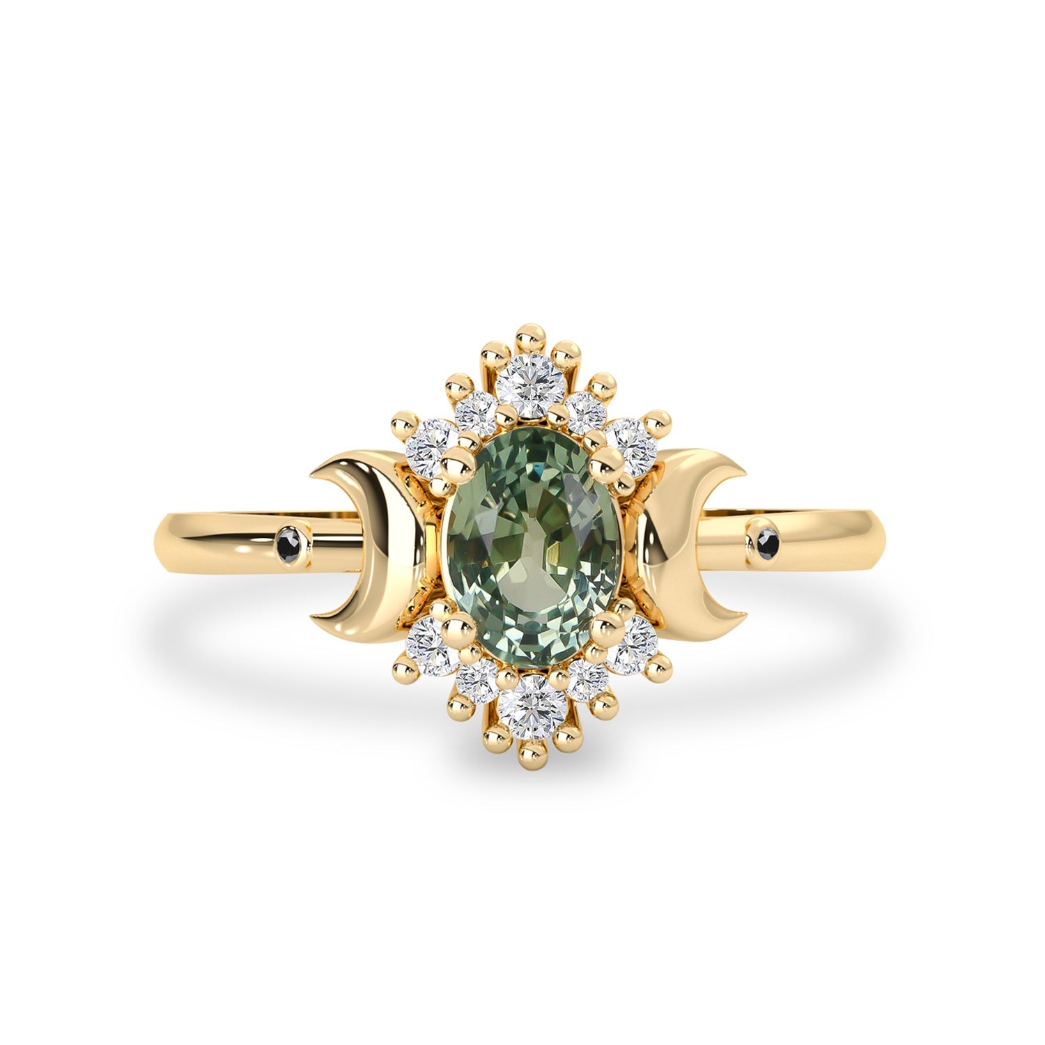 Endless Love Green Sapphire Moon Ring, Halo With Doom Moon