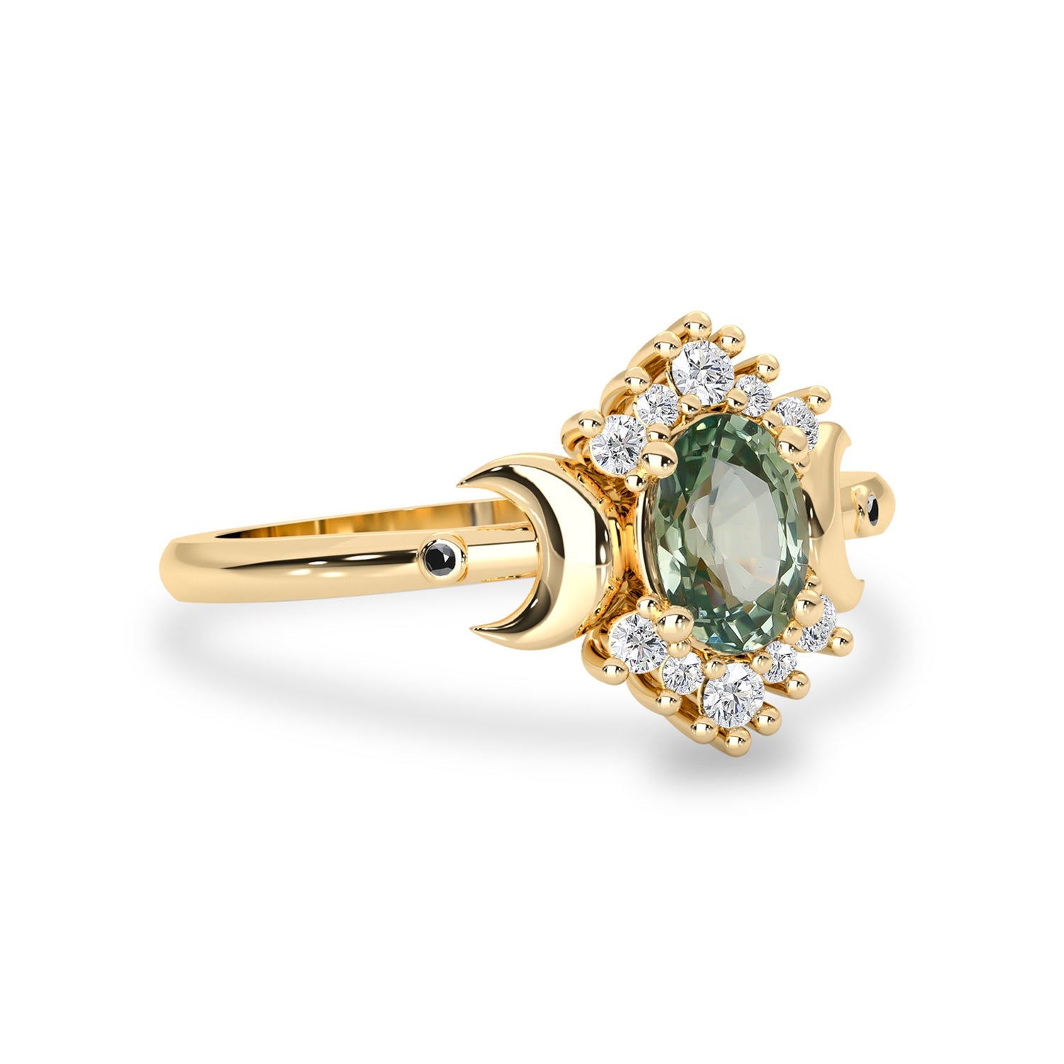 Endless Love Green Sapphire Moon Ring, Halo With Doom Moon