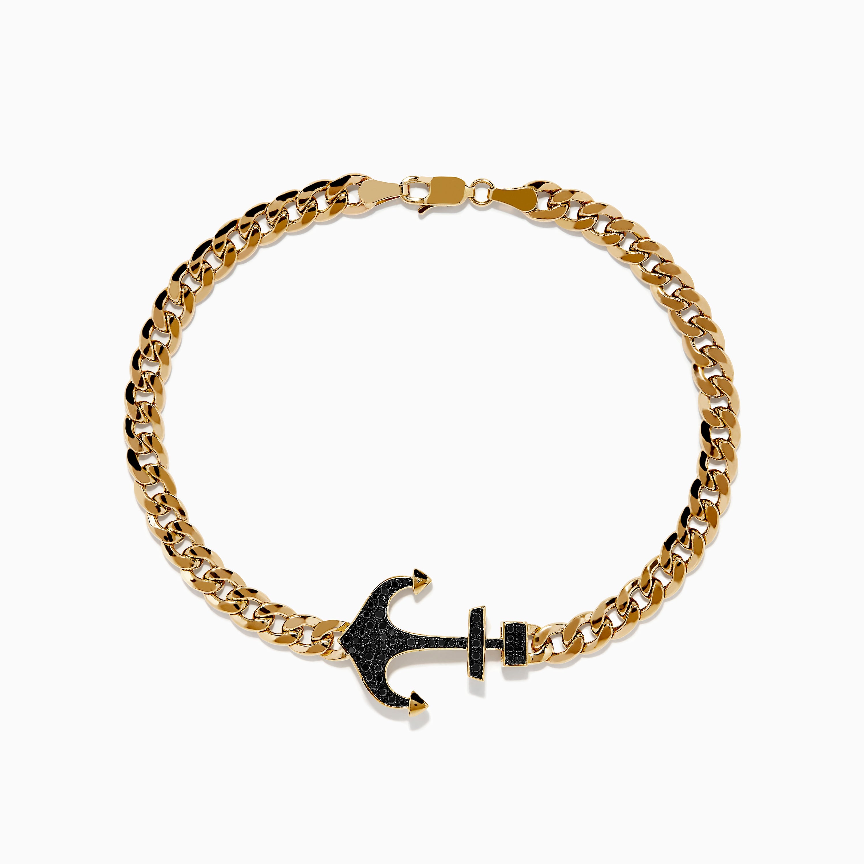 Men's 14K Yellow Gold Black Diamond Anchor Chain Bracelet