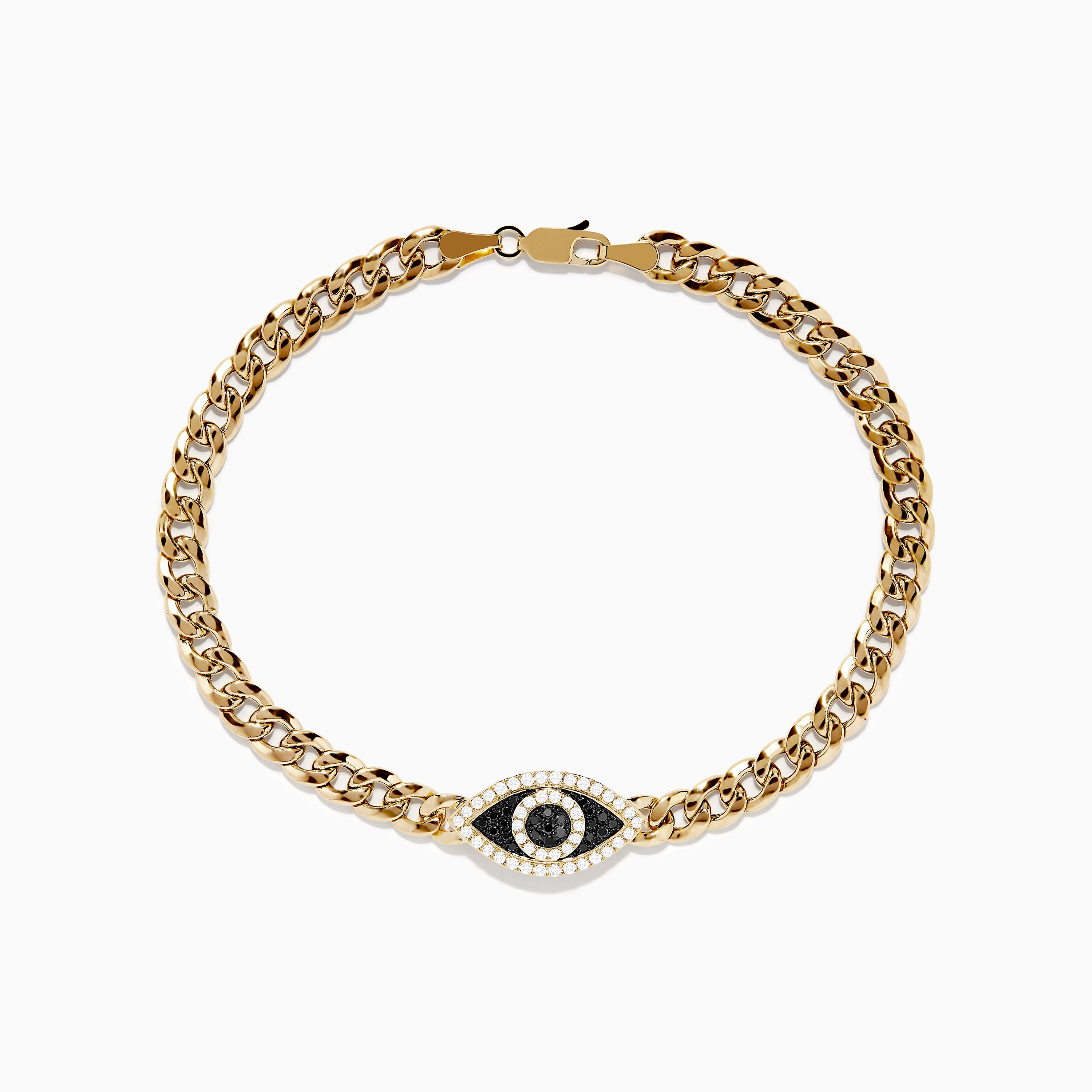 Men's 14K Yellow Gold Black and White Diamond Evil Eye Chain Bracelet 8.75"