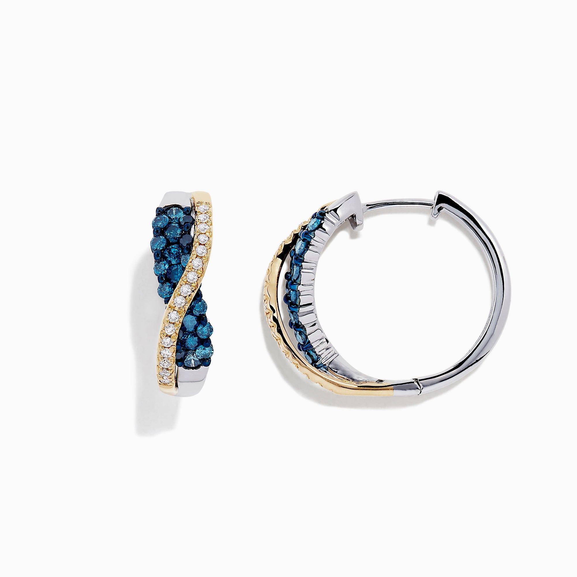 14K Two Tone Gold Blue and White Diamond Crossover Hoop Earrings, 1.00 TCW