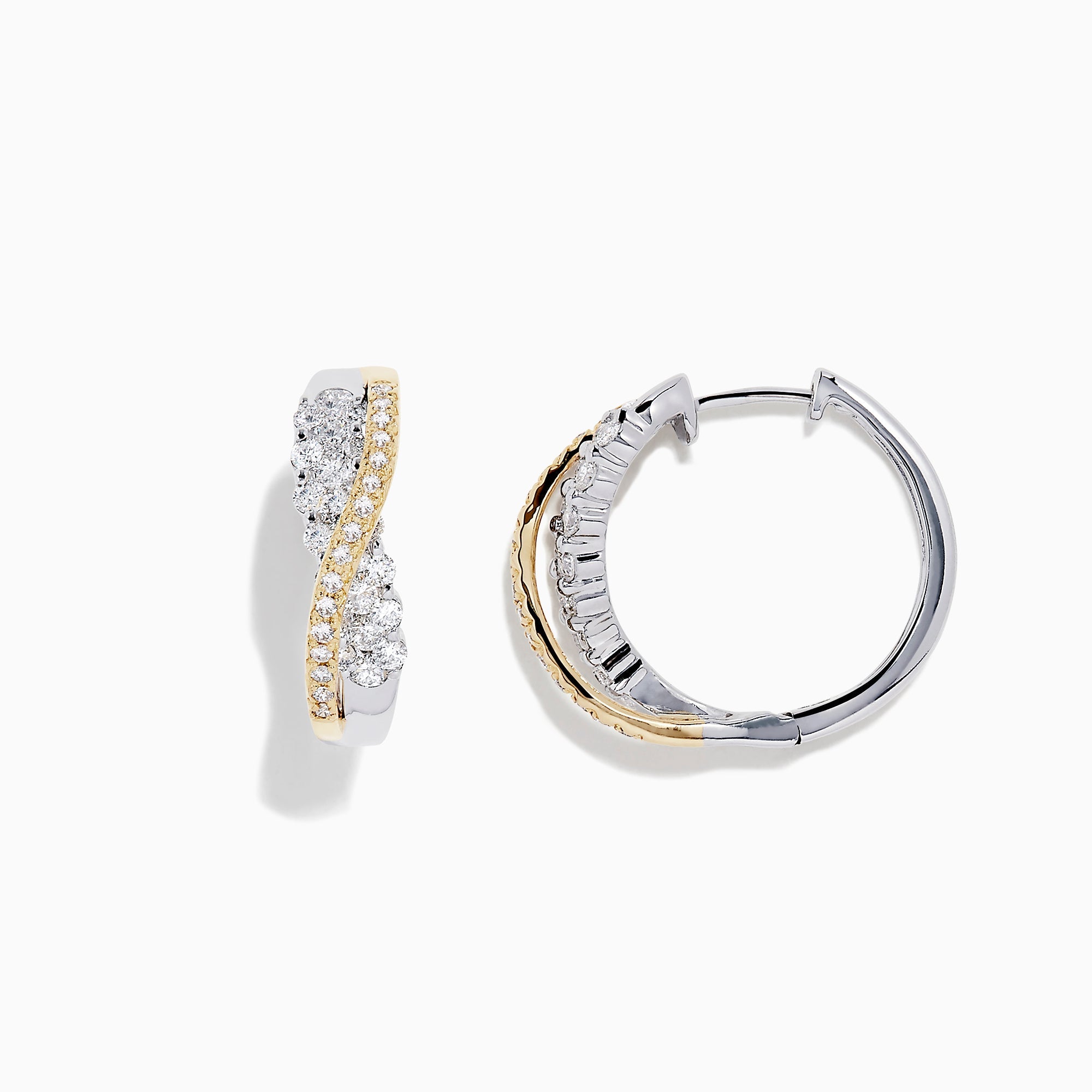 14K White and Yellow Gold 3/4" Diamond Crossover Hoop Earrings, 1.00 TCW