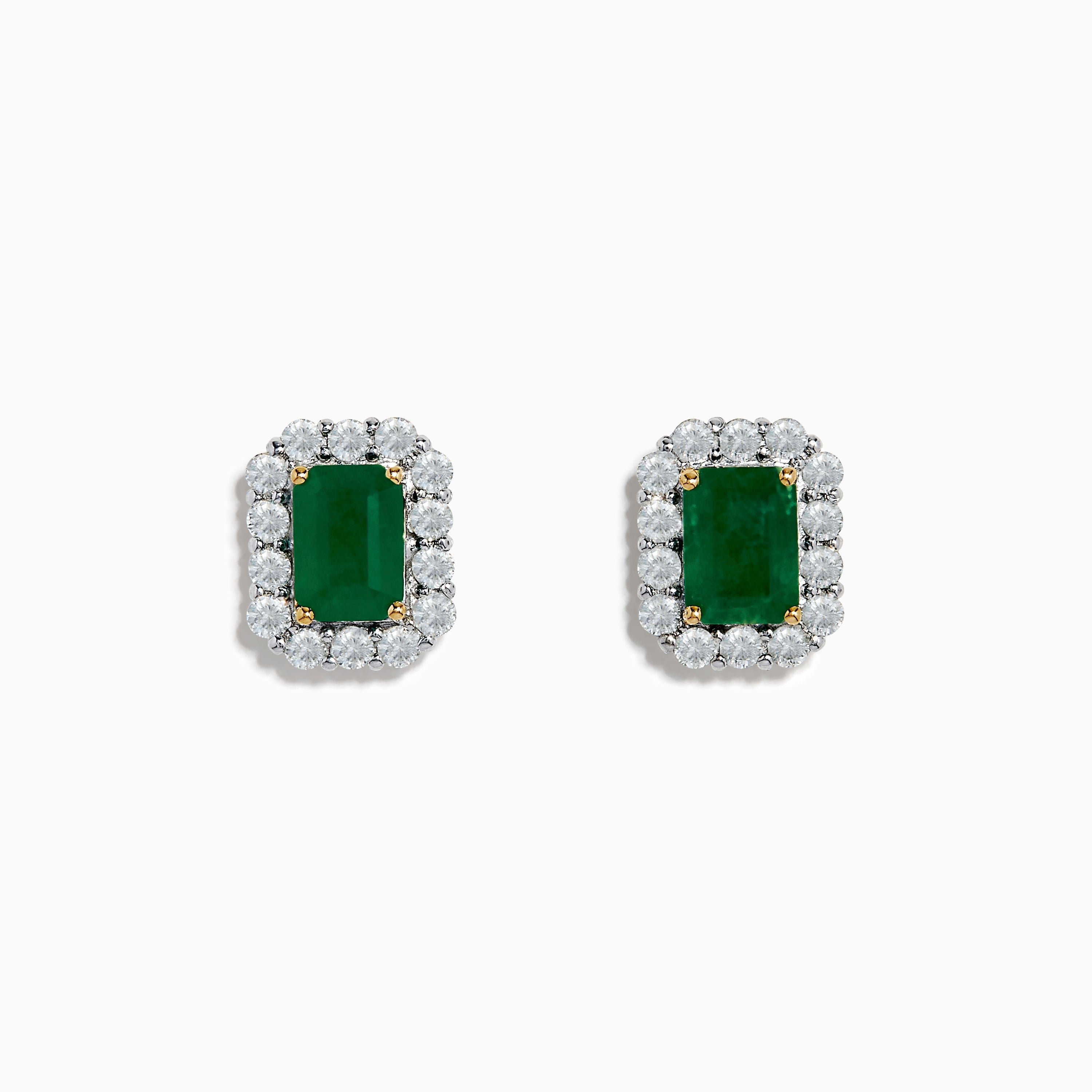 14K Two Tone Gold Emerald and Diamond Earrings