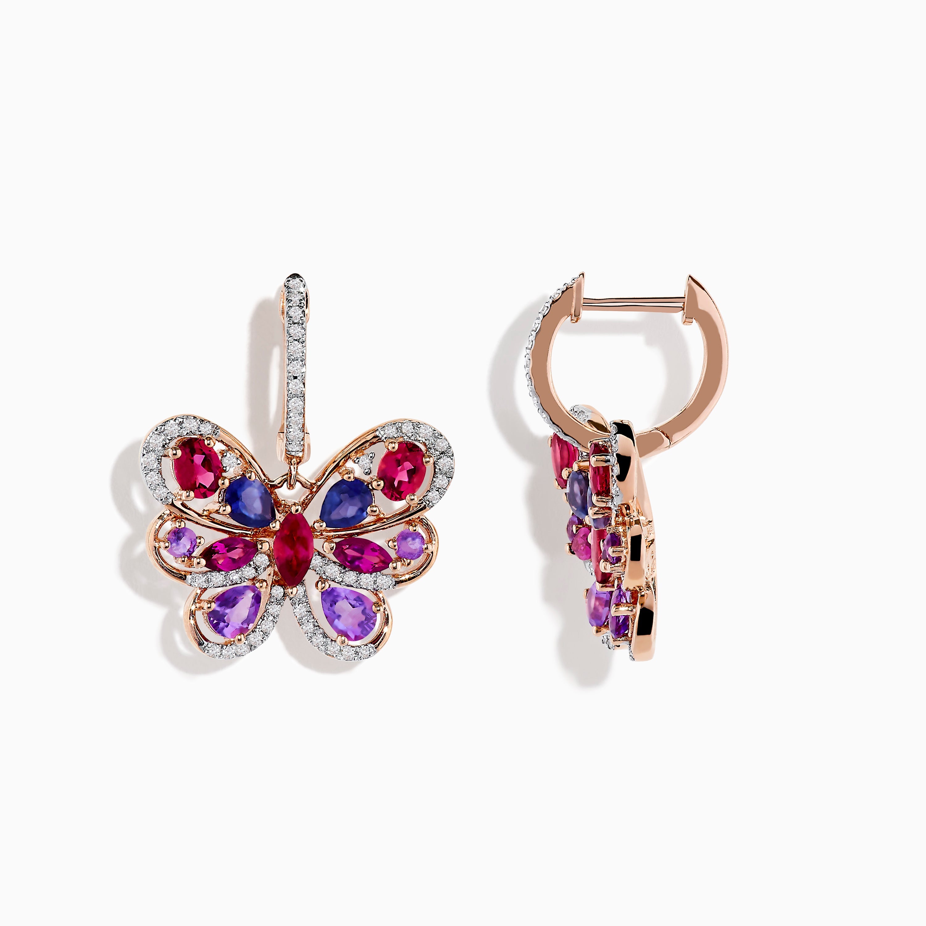 14K Rose Gold Multi-Stone and Diamond Butterfly Drop Earrings