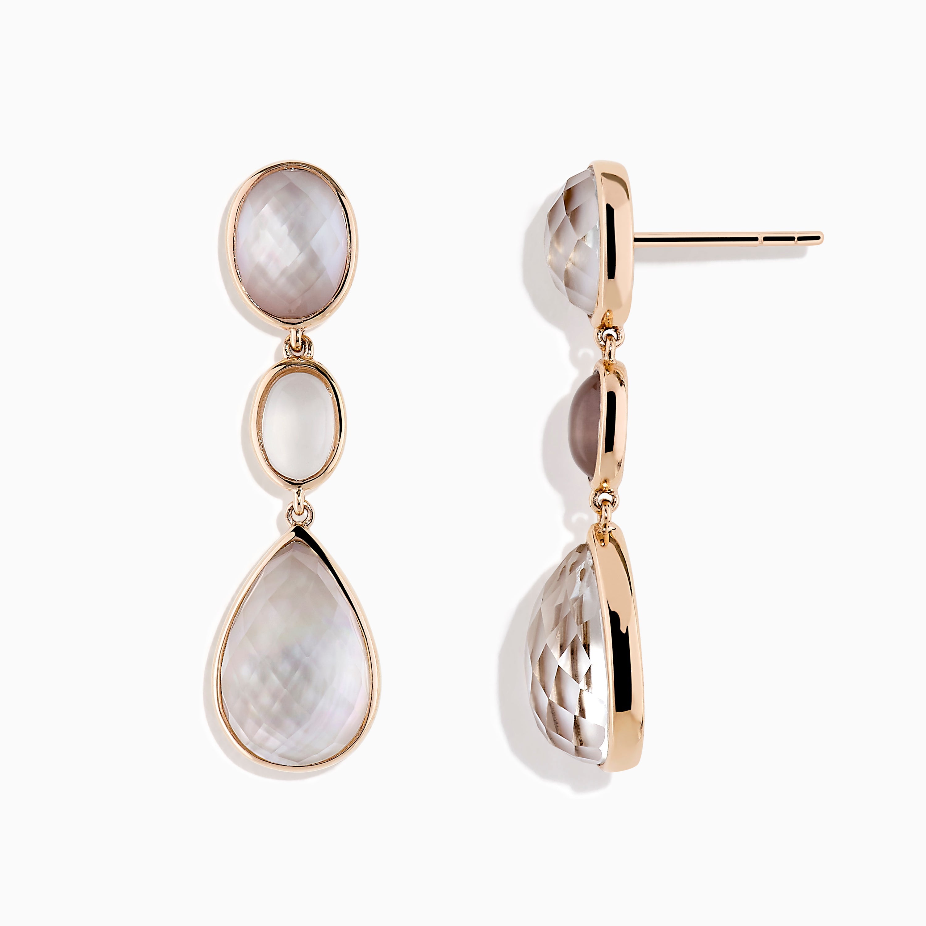 14K Rose Gold Quartz Crystal, Rose Quartz and Pink Mother Of Pearl Earrings