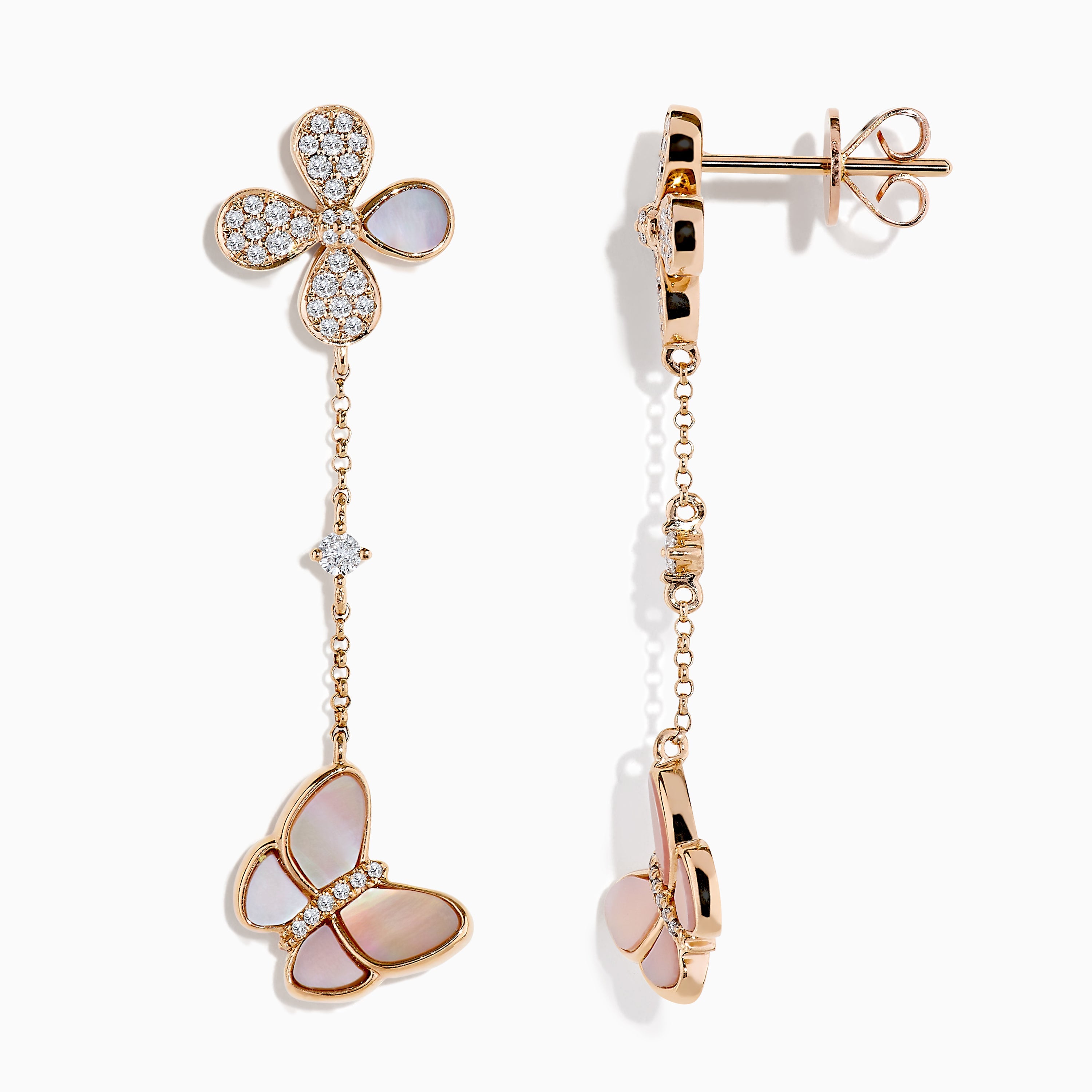 14K Rose Gold Mother of Pearl and Diamond Butterfly Earrings, 0.39 TCW