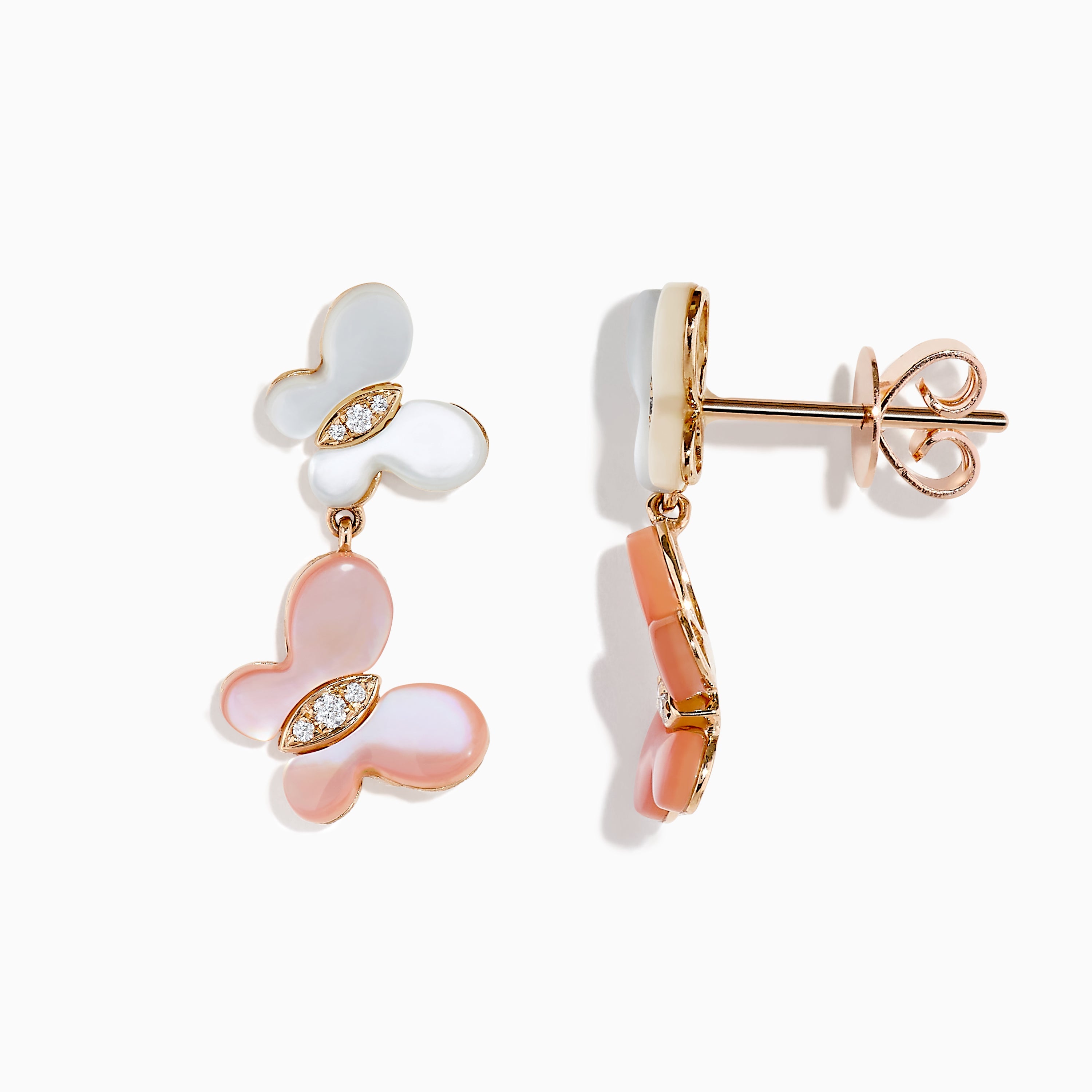 14K Rose Gold Mother of Pearl and Diamond Butterfly Earrings, 0.08 TCW